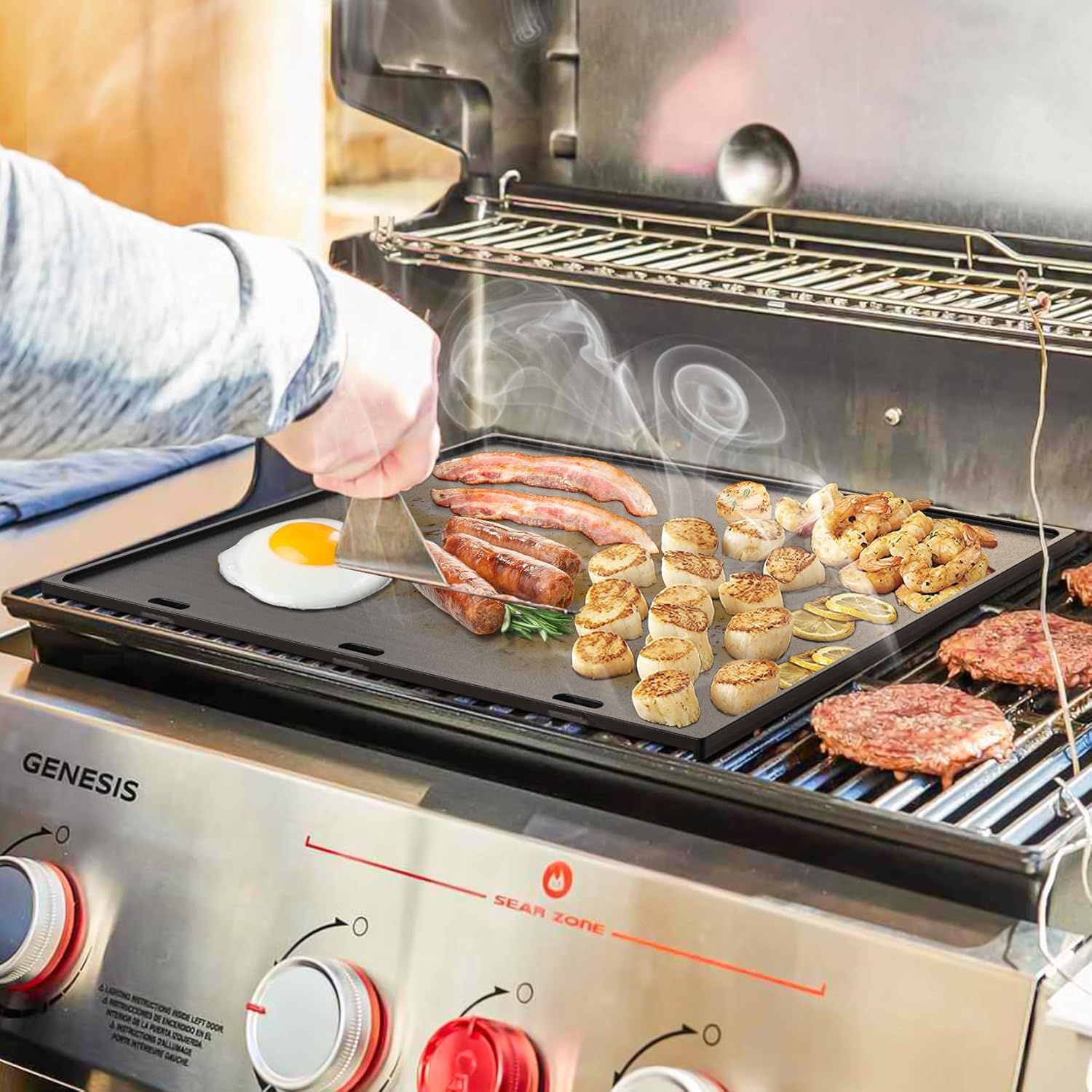 Onlyfire Universal Cast Iron Griddle, Reversible Cooking Griddle for Gas/Charcoal Grills, 19.1" x 15.7"