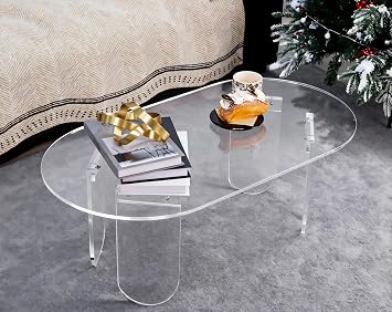 Clear Acrylic Coffee Table: Oval Transparent Small Accent Table | Modern sofa-side desks with clear finish, contemporary minimalist table for living rooms