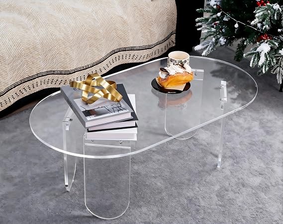 Clear Acrylic Coffee Table: Oval Transparent Small Accent Table | Modern sofa-side desks with clear finish, contemporary minimalist table for living rooms