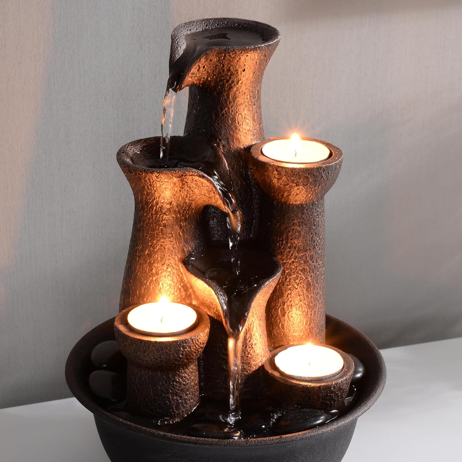 Tabletop Fountain 3 Candles, Indoor Waterfall Fountain for Meditation, Desktop Waterfall Fountain 3 Tiered, Resin Room Decor for Office Home Relaxaion, Housewarming Gifts New Home, Brown with Rocks