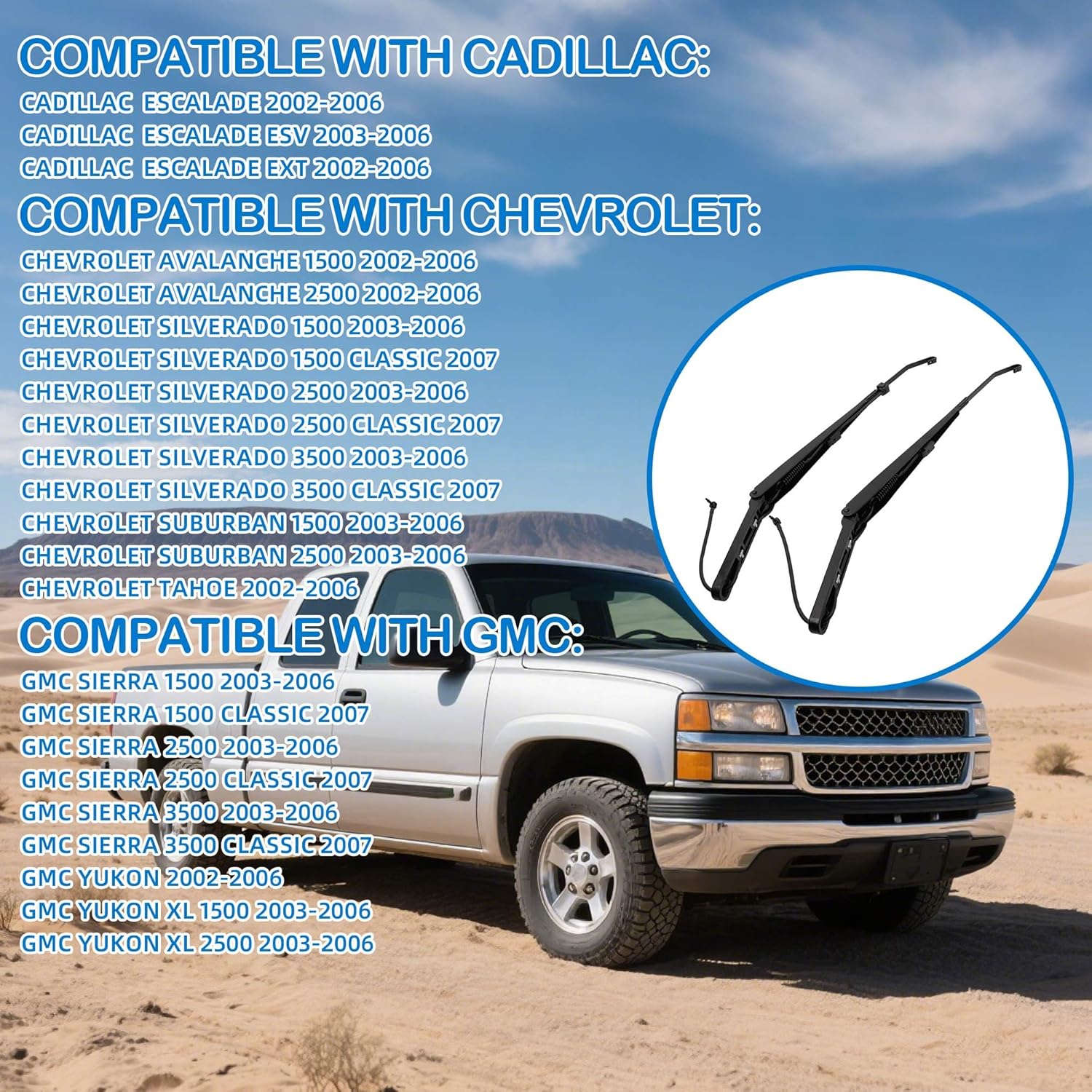 Front Windshield Wiper Arm Kit Compatible with 2002-2007 Chevrolet Silverado Avalanche Suburban Tahoe GMC Sierra Yukon Cadillac Escalade Replace 42694 42547 15829647 15829648