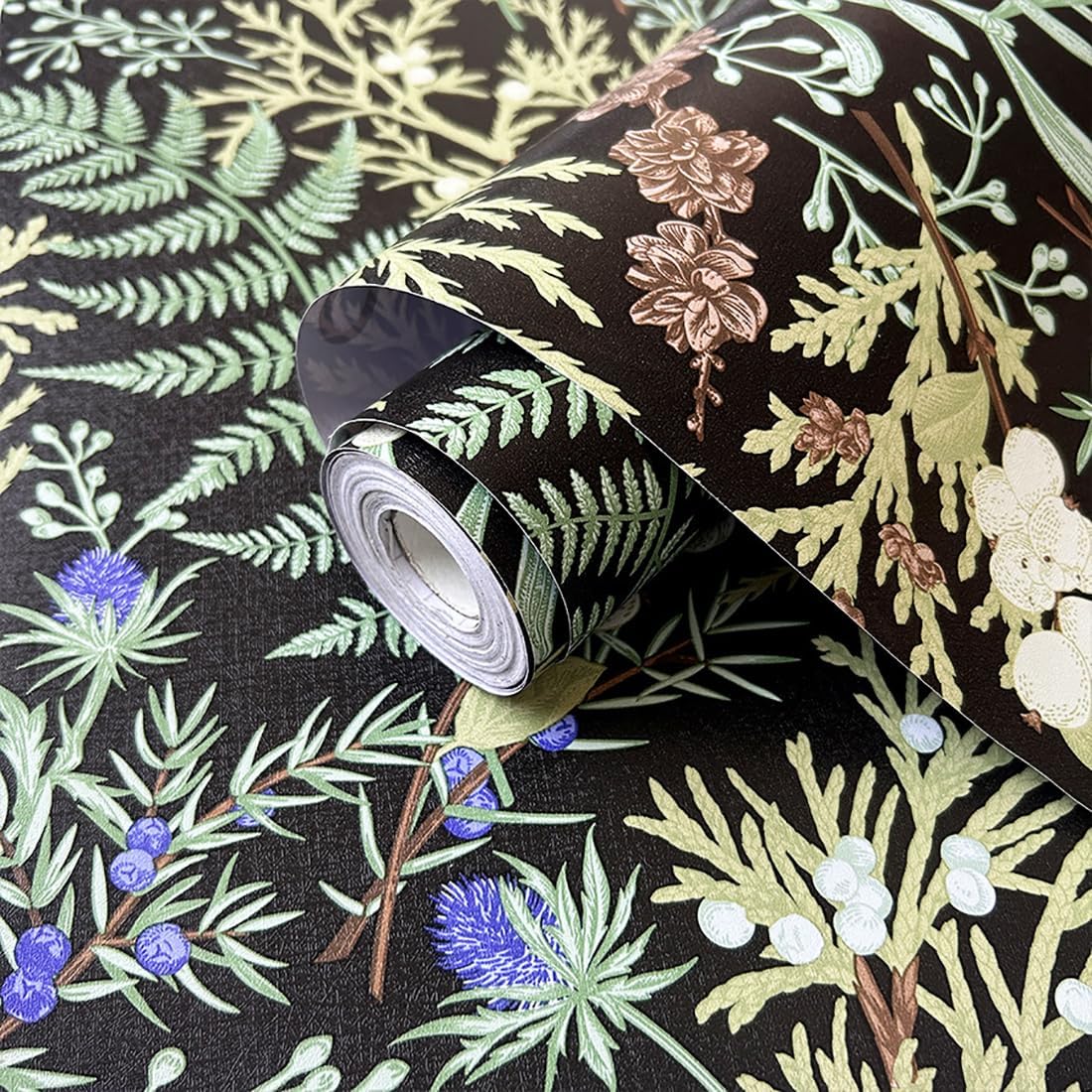 Dark Botanical Fern Drawer Liner Contact Paper Black Fern Pine Berry Peel and Stick Wallpaper for Cabinets Shelves Dresser Drawer Furniture Wall Arts and Crafts Decal 17.3X117 Inches