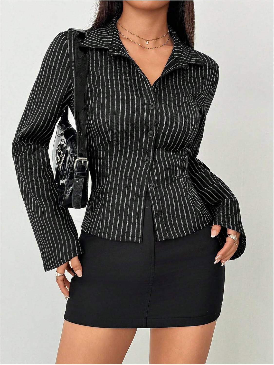 Floerns Women's Striped Button Down Shirts Long Sleeve Business Casual Blouse Top - Image 3