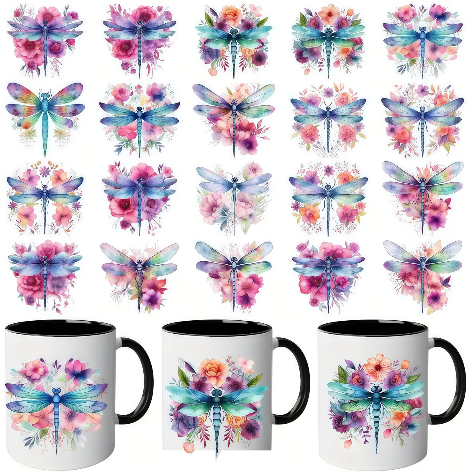 Yqtwlkjic Multicolor 20Pcs Rose Flower Dragonfly Uv Dtf Cup Wraps Transfer Waterproof Sticker For Glass Cups Furniture Craft Diy Crafts，Rub On Transfer Stickers For Diy Water Bottle Laptop Decal Wood Car