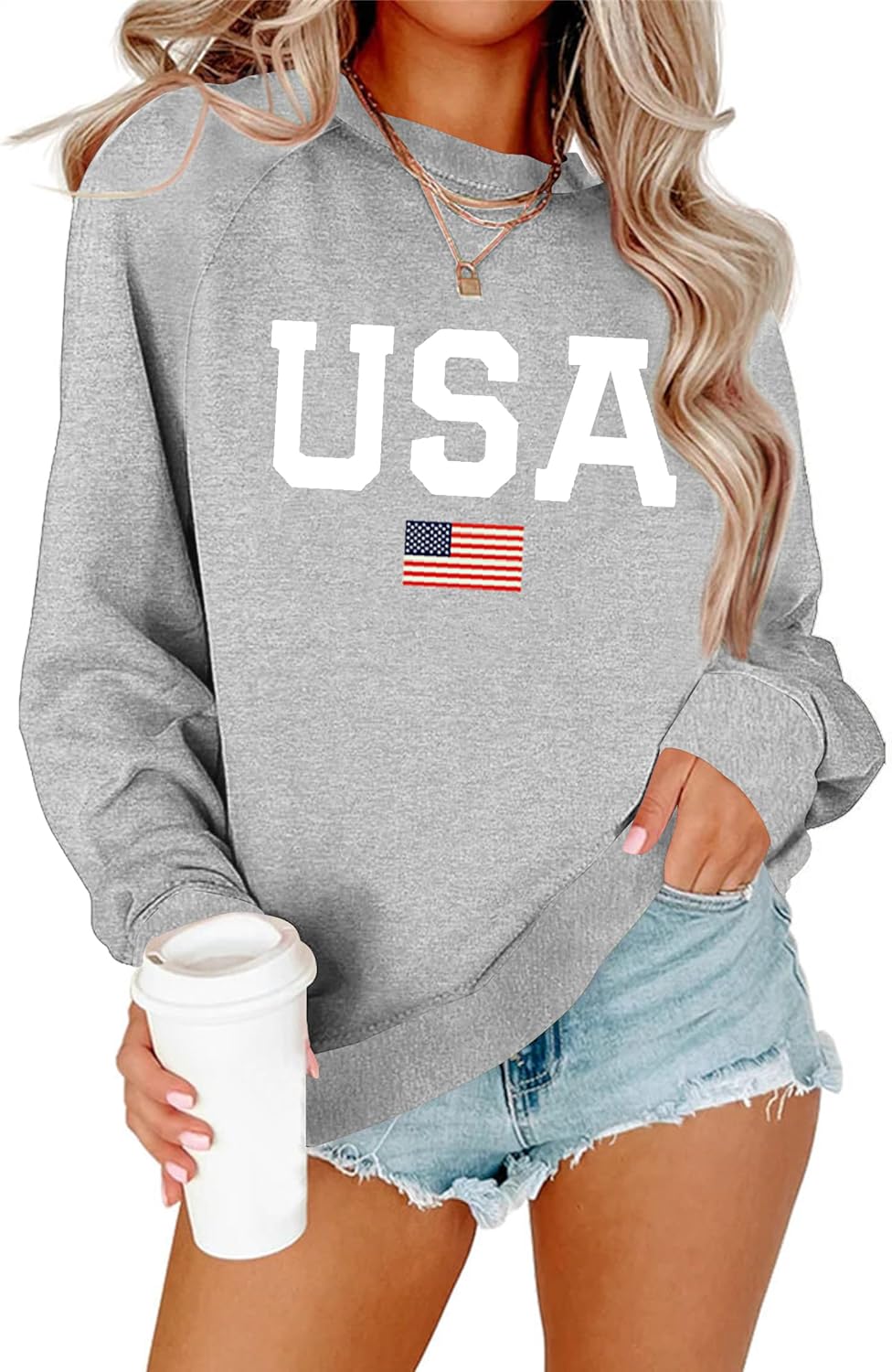 Lacozy Womens USA Sweatshirt Crewneck American Flag Sweater Long Sleeve 4th of july T shirts Loose Fit Pullover Tops Fall