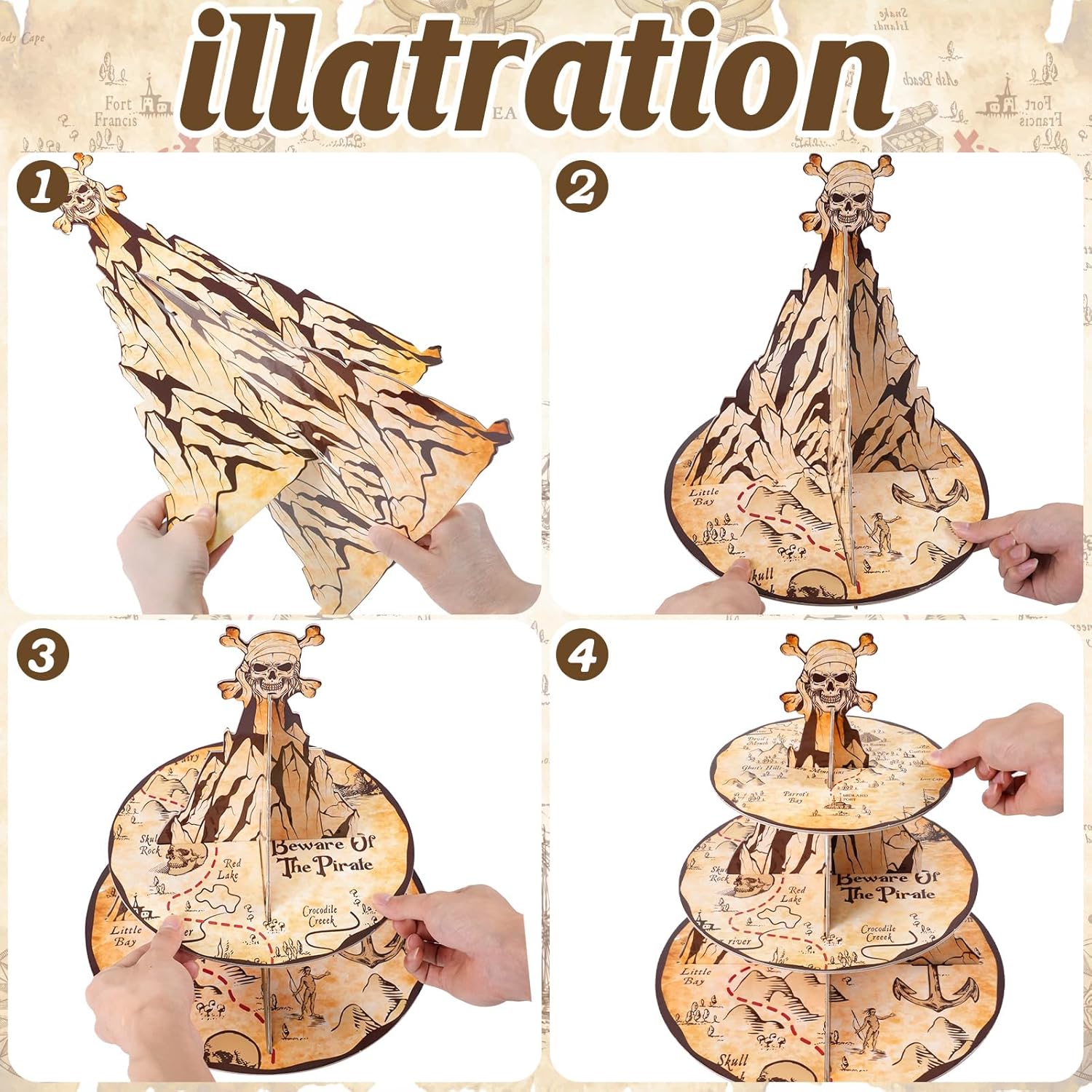 Pirate Cupcake Stand 3-Tier Treasure Map Cupcake Tower for Pirate Birthday Party Supplies and Decorations