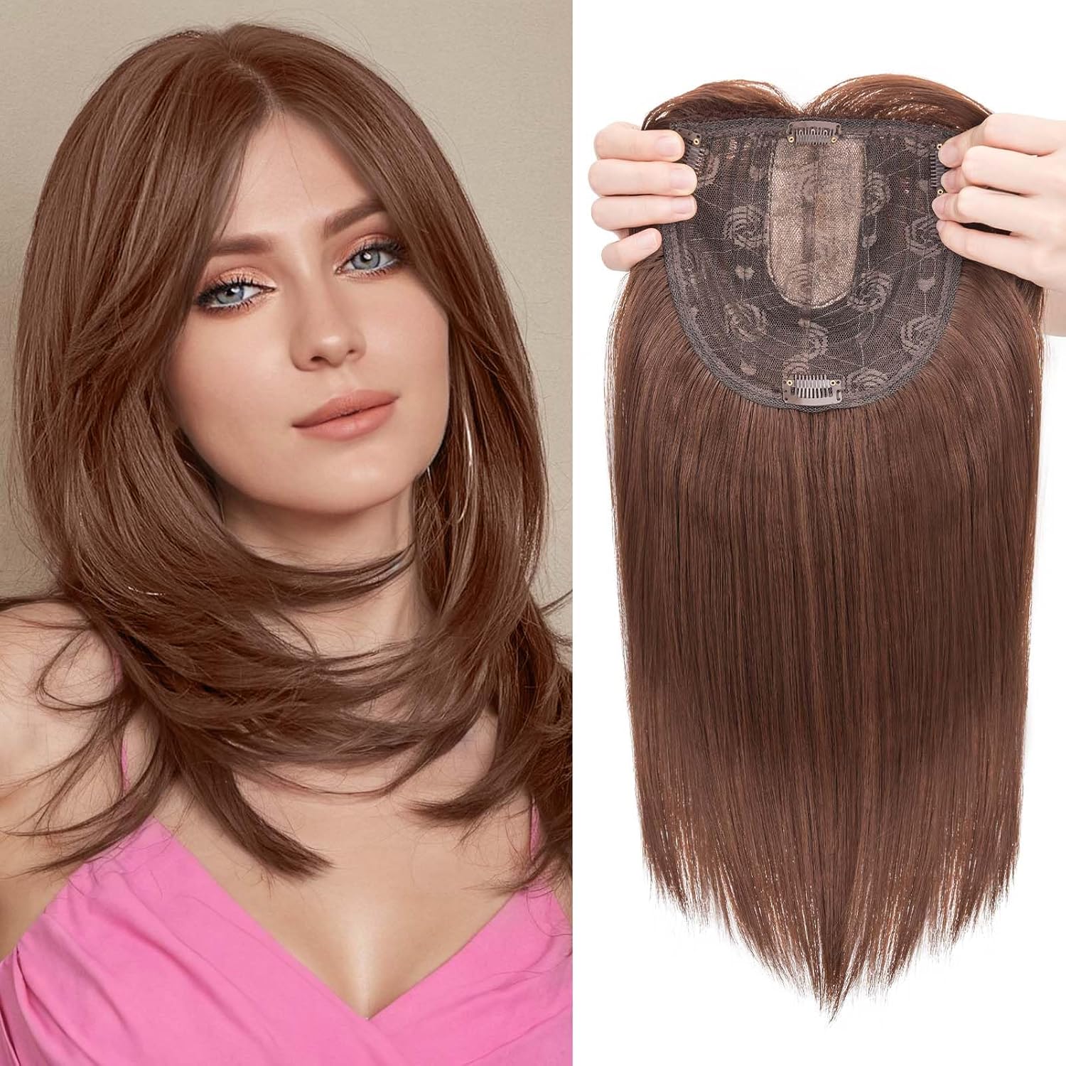 S-noilite Hair Toppers For Women Real Human Hair,Upgrade Base 3D Clip Human Topper French Bangs Hairpieces Women Add Volume Dark Brown 11inch C80