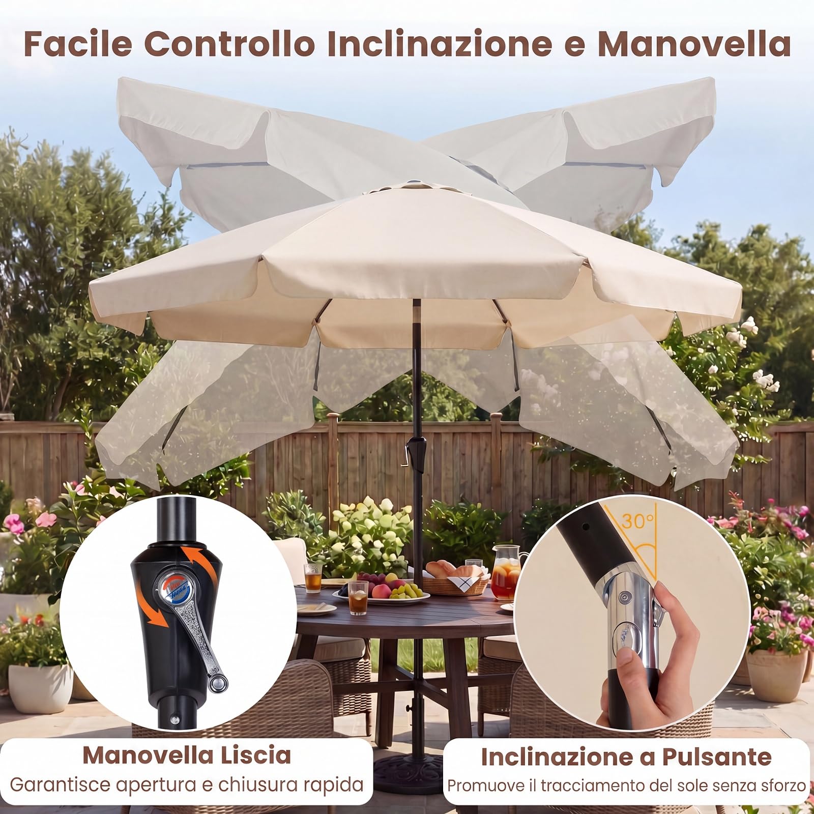 COSTWAY Ombrellone da Giardino 290 cm, Inclinazione Regolabile, con 8 Stecche, Borsa da Trasporto, Anti-UV, per Balcone, Piscina e Terrazza