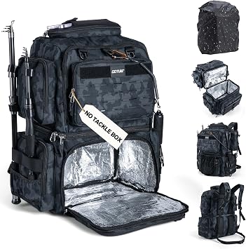 Goture Fishing Backpack, 53L 600D Water-Resistant Insulated Tackle Backpack with Cooler, Rod Holders, 8 Lure Pockets, Rain Cover, Gear Storage Large Fishing Bag for Camping HikingWithout Tackle Box