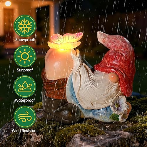 Miniatura 6 de TSTGEE Gnomos decoración de jardín luces LED solares al aire libre divertido gnomo decoración con mariposa impermeable para el hogar, arte de patio,