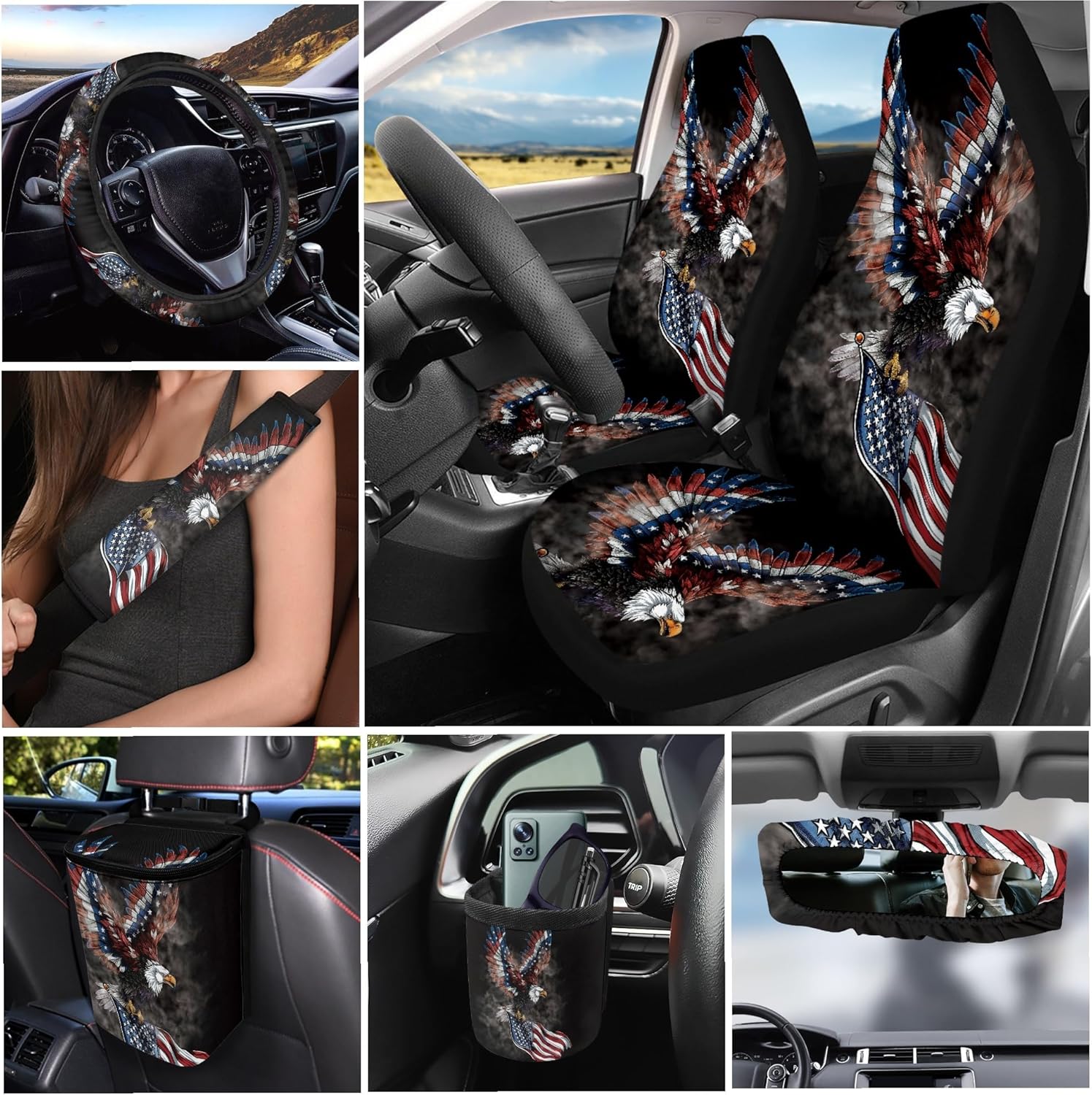 CLOHOMIN American Flag Car Seat Cover Set Eagle Car Steering Wheel Cover Seat Belt Pads Gabage Bin Car Air Vent Organizer Rearview Mirror Cover Cup Holder Wristlet Lanyard Keychain 15 Pack