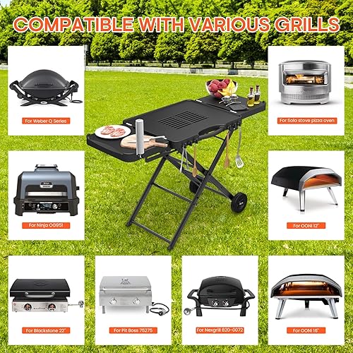 Miniatura 25 de Carrito de mesa para parrilla al aire libre, carrito de comedor móvil, soporte de mesa para horno de pizza con ruedas, mesa de trabajo y preparación