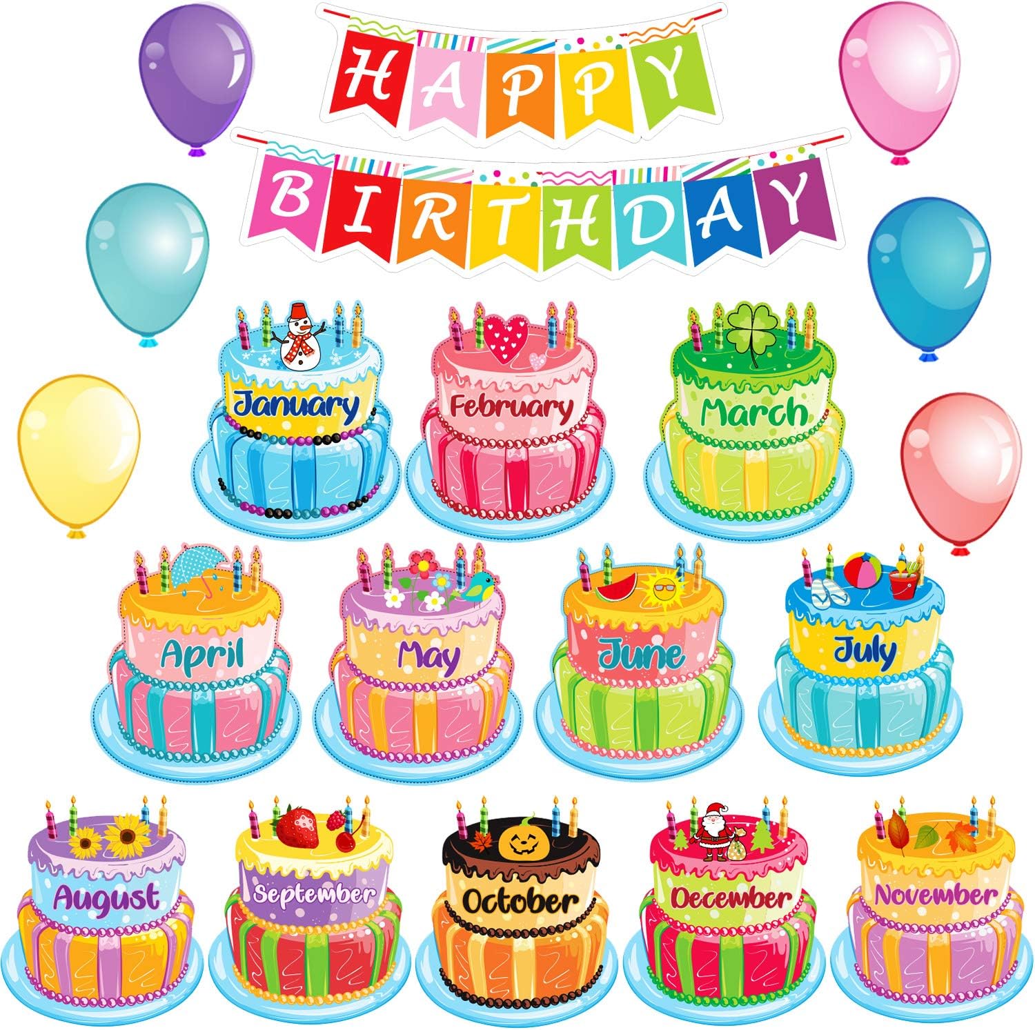 Outus 20 Pieces Happy Birthday Bulletin Board Set Birthday Wall Classroom Decoration Cutouts for Calendars Bulletin Boards Classrooms (Bright Style)