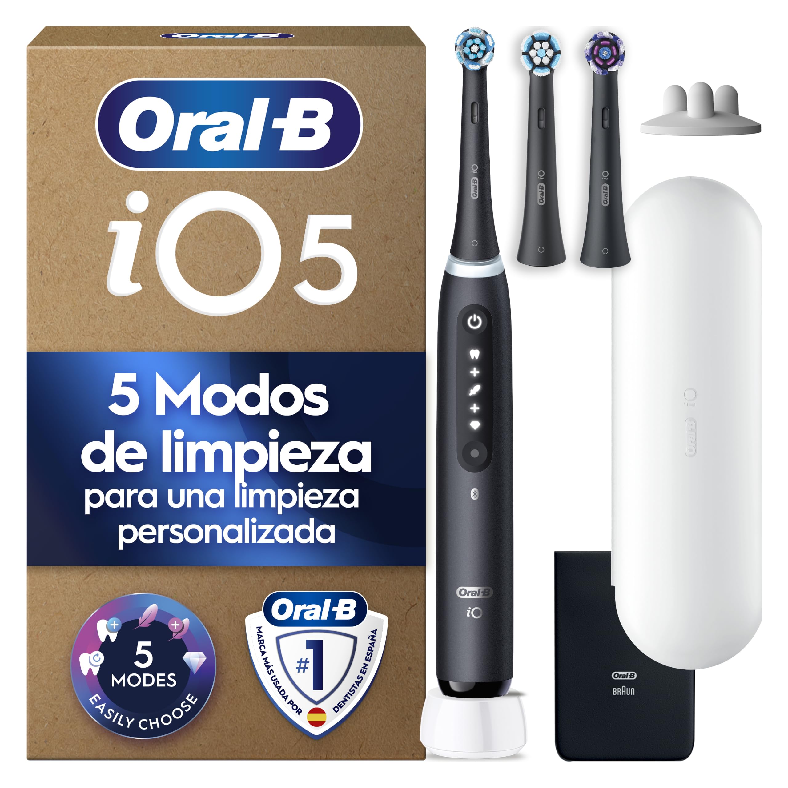 Oral-B iO 5 Cepillo de Dientes Eléctrico con 3 Cabezales, Negro | Cepillo Dental con Sensor de Presión, 5 Modos de Cepillado con Blanqueamiento Dental y Modo Sensible, Estuche de Viaje Blanco en oferta en Amazon