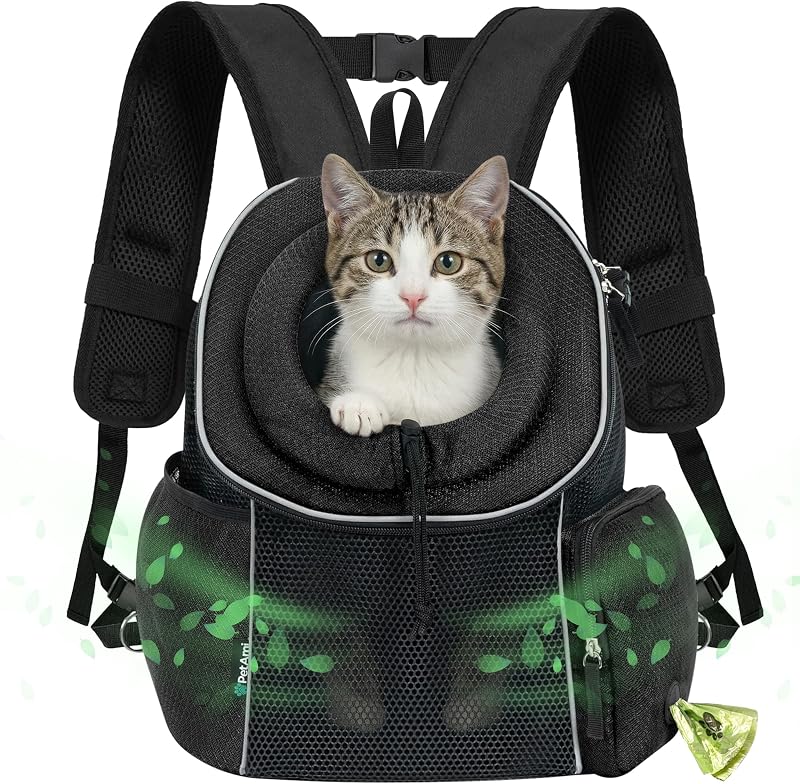 Mochila para Transporte de Cães e Gatos PetAmi com Guia de Segurança, Preta, até 6,35 kg