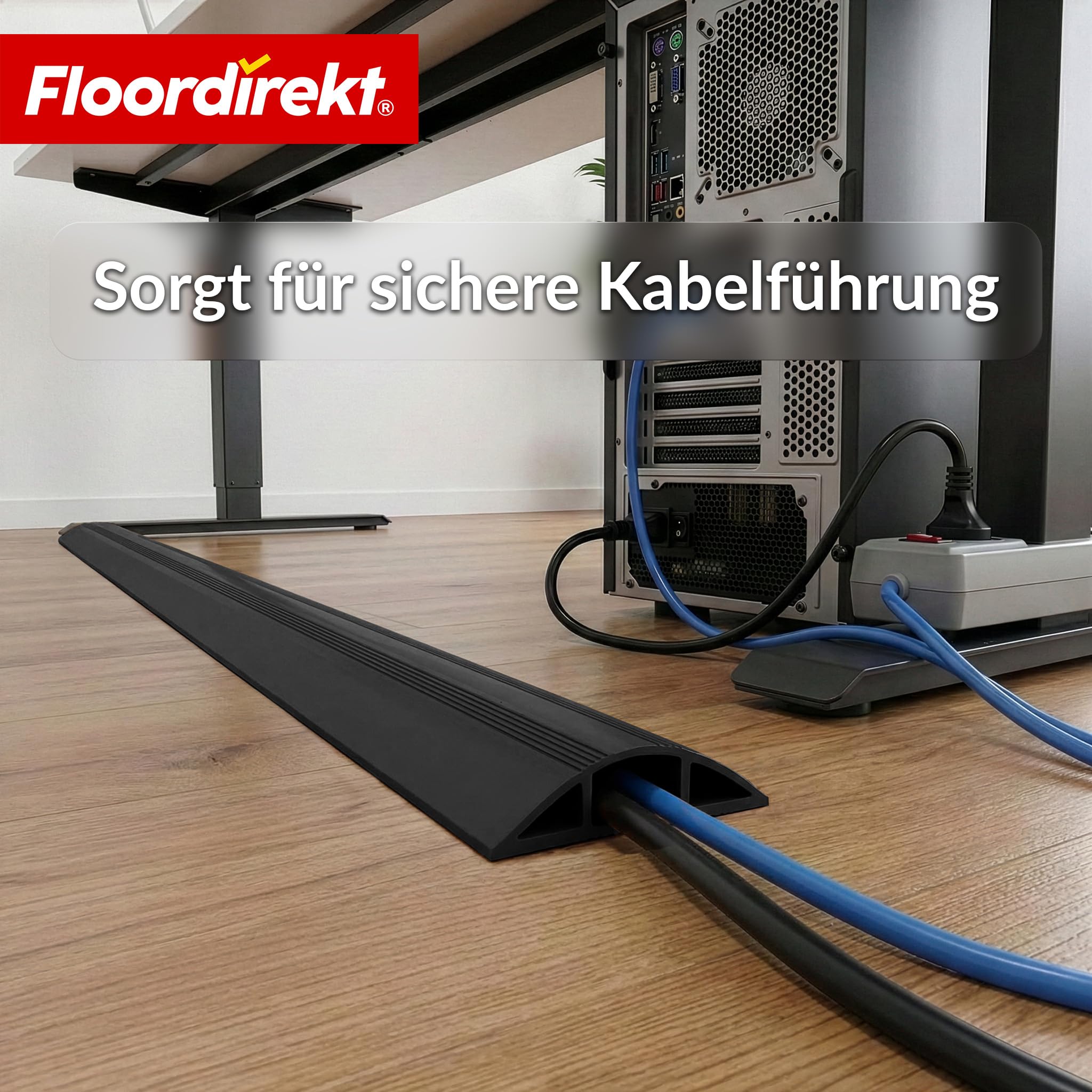 Floordirekt Fussboden Kabelkanal Stolperschutz - Schwarz 9 m - Boden Kabelschutz - für 2 Kabel - effektiver Stolperschutz, flexibel & zuschneidbar - Cable Guard