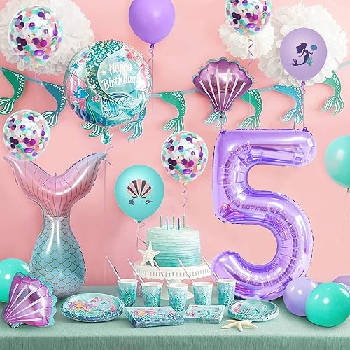 Miniatura 3 de Globo de 40 pulgadas morado número 5, globo gigante número 5, globos de sirena para cumpleaños de 5 años, suministros de decoración para fiesta de