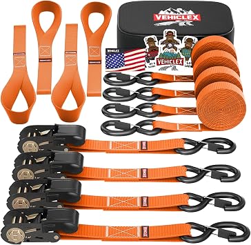 Ratchet Tie-Down Straps Set - 1" x 15, 2200lbs Breaking Strength - Vehiclex Soft Loops, Coated S-Hooks, Storage Bag for ATV, Motorcycle, Bicycle, Kayak, Cargo Securing, Orange