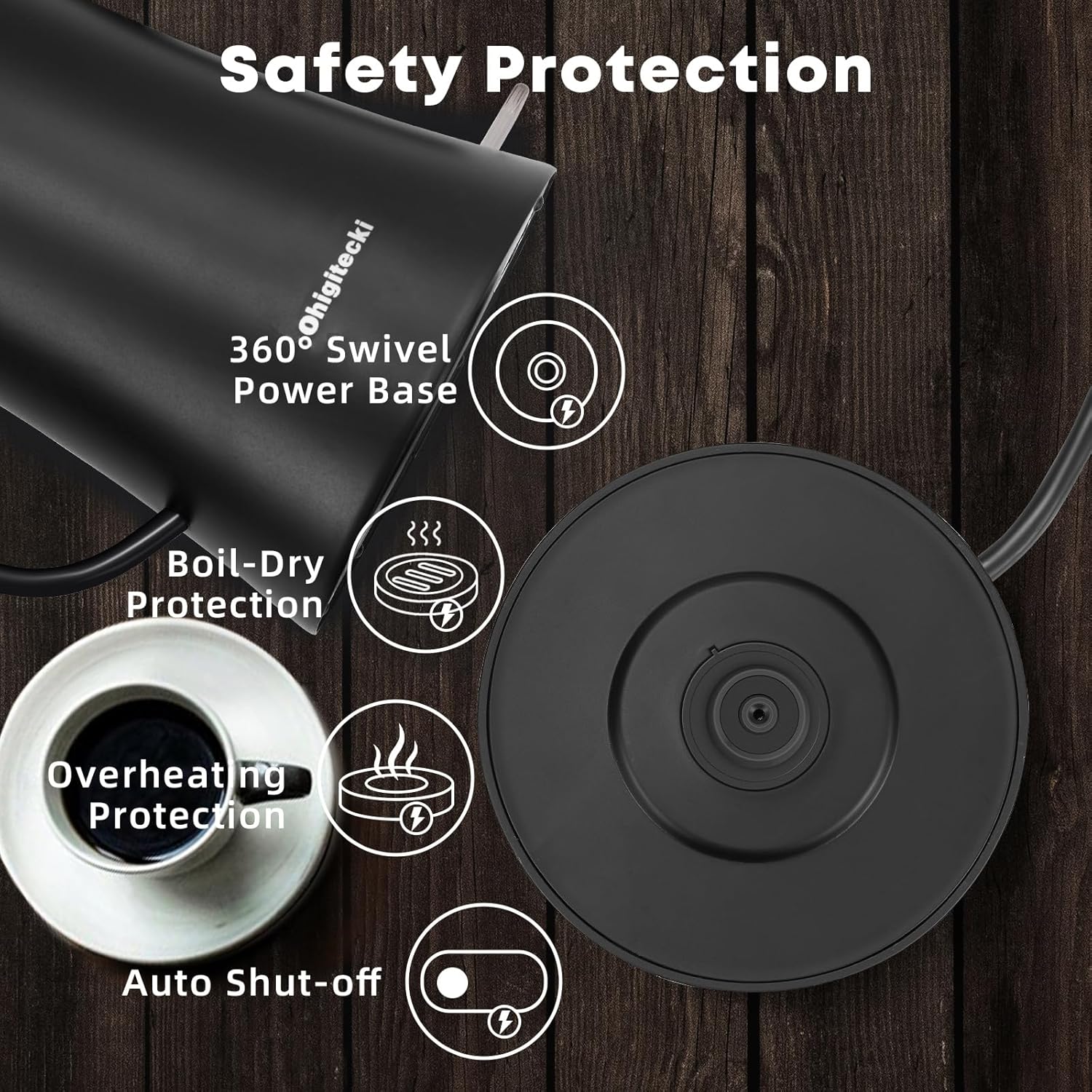 Electric Kettle Gooseneck Water Kettle, 304 Stainless Steel BlackElectric Tea Kettle 1L with Auto Shut-Off, 1000W Hot Water Kettle of Stainless Steel, Pour Over Kettle for Coffee & Tea (Black)