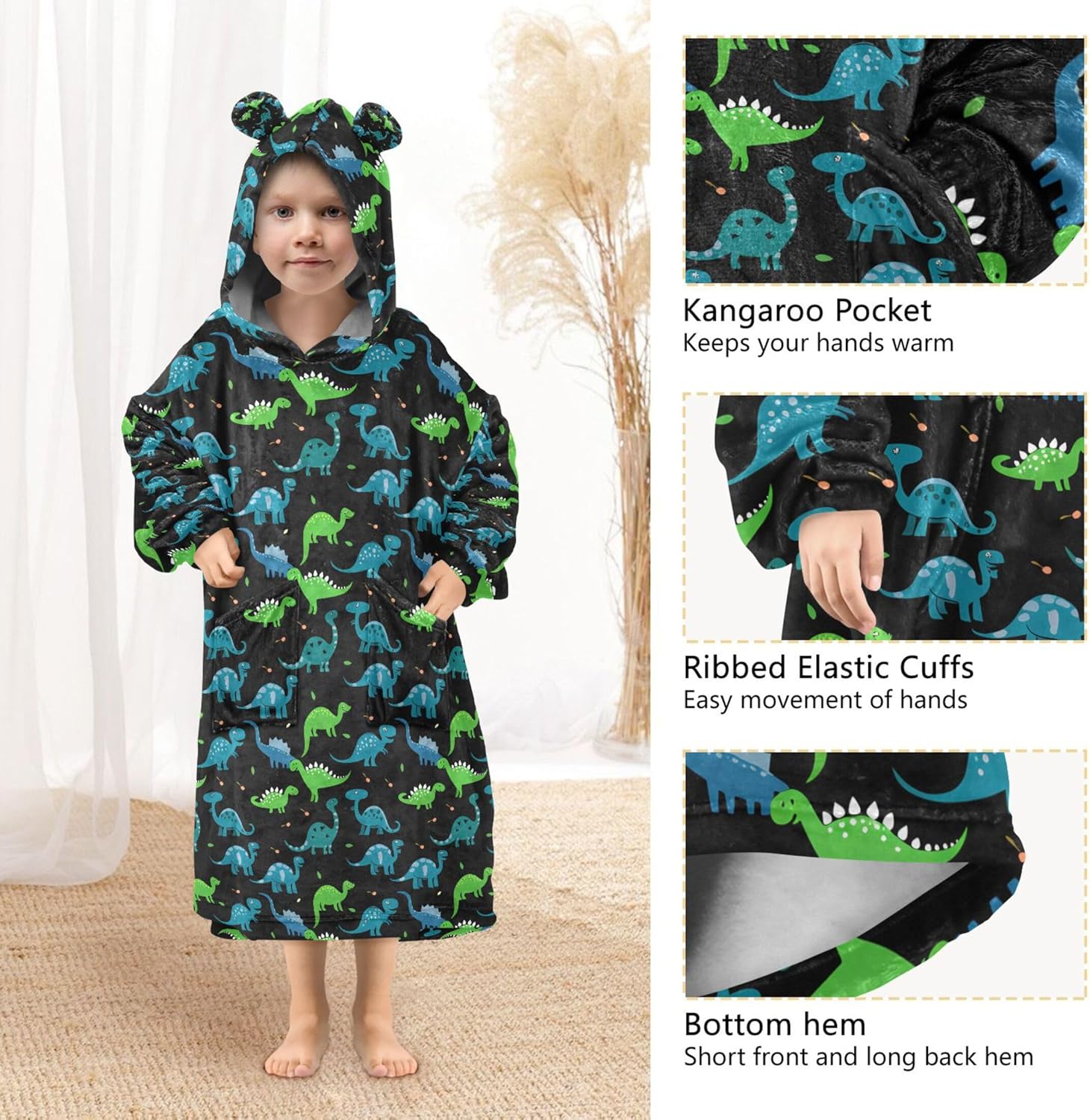 Cute Dinosaur Kids Wearable Blanket Hoodie with Pocket and Sleeves for Toddlers, Cute Hoodies Girls Boys B0404083