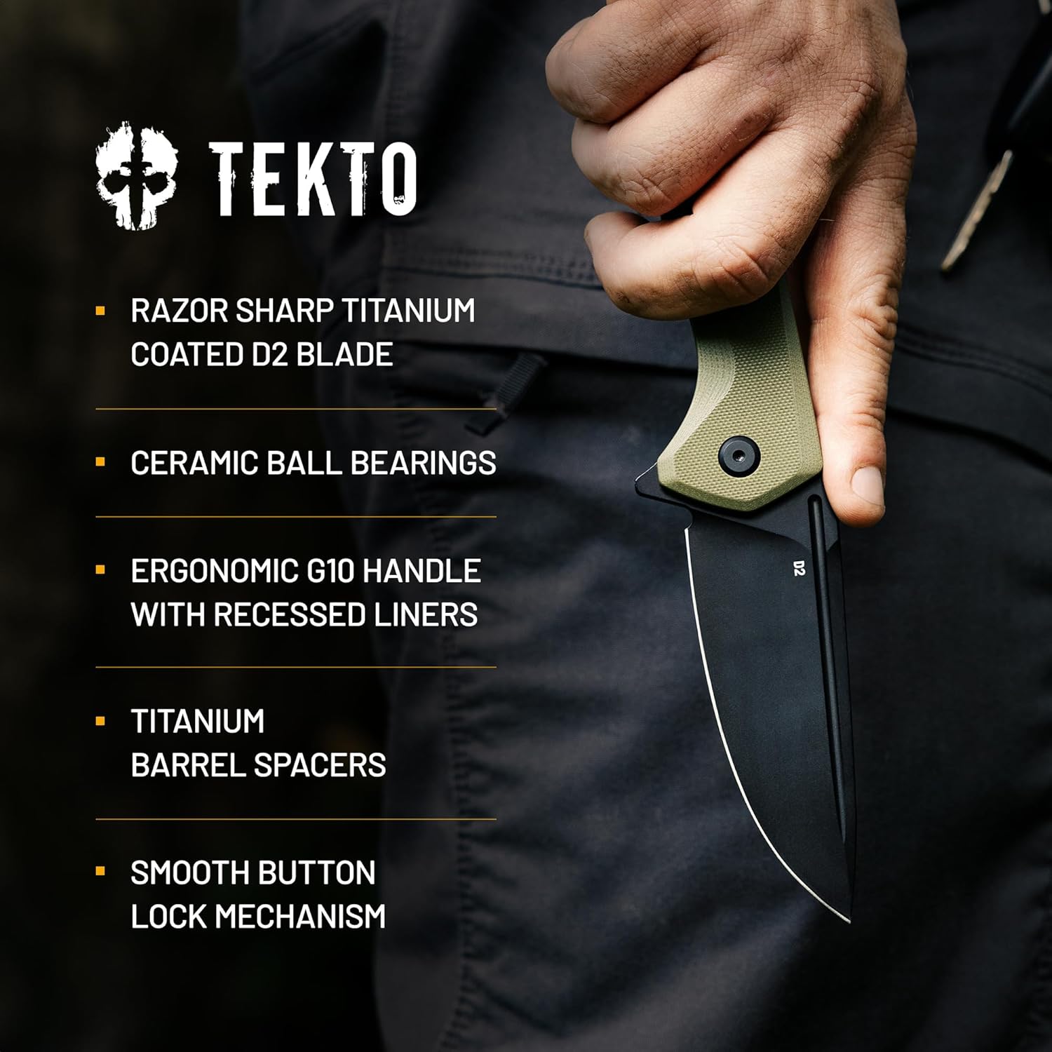 TEKTO F3 Charlie Button Lock Folding Knife, Fine Edge Blade, Tactical OD Green G10 Handle - Easy Open Pocket Knife with Titanium Coated D2 Steel & Black Titanium Barrel Spacers