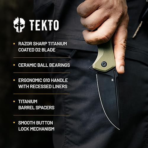Miniatura 5 de TEKTO F3 Charlie - Cuchillo plegable con bloqueo de botón, hoja de borde fino, mango táctico OD verde G10, cuchillo de bolsillo fácil de abrir con