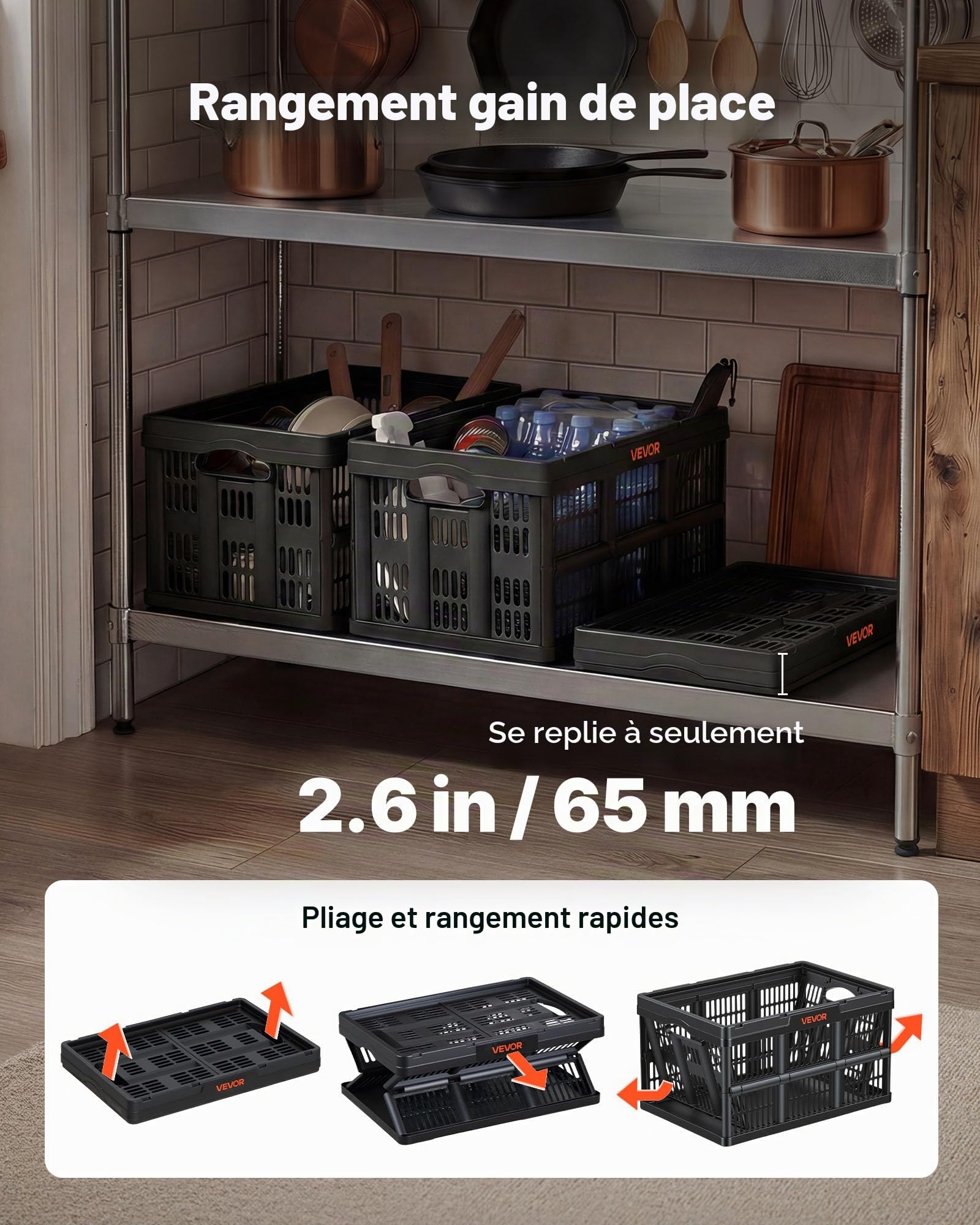 VEVOR Caisse Plastique Pliable 45 L Lot de 3, Cagette Pliable avec Poignées, Charge Max. 15 kg par Caisse, Bac de Rangement Empilable pour Maison, Camping, Voiture et Courses, Organisateur de Coffre