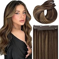 Vista 27 de Extensión de cola de caballo de cabello humano marrón oscuro, extensiones de cola de caballo larga sedosa recta #2A color marrón claro, 22 pulgadas