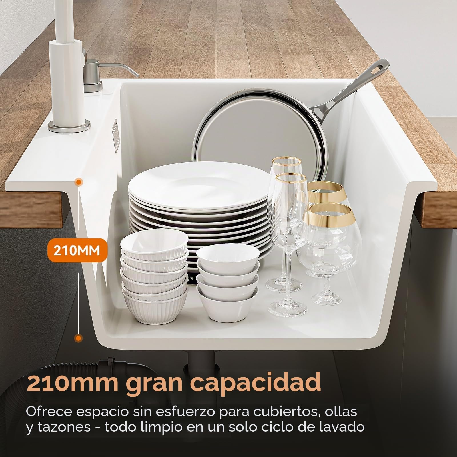 HOROW Fregadero de cocina compuesto de granito, tazón individual blanco de 60x45 cm, resistente a arañazos y manchas, superficie autorreparable, sellado con presión sin tapón adicional, con accesorios