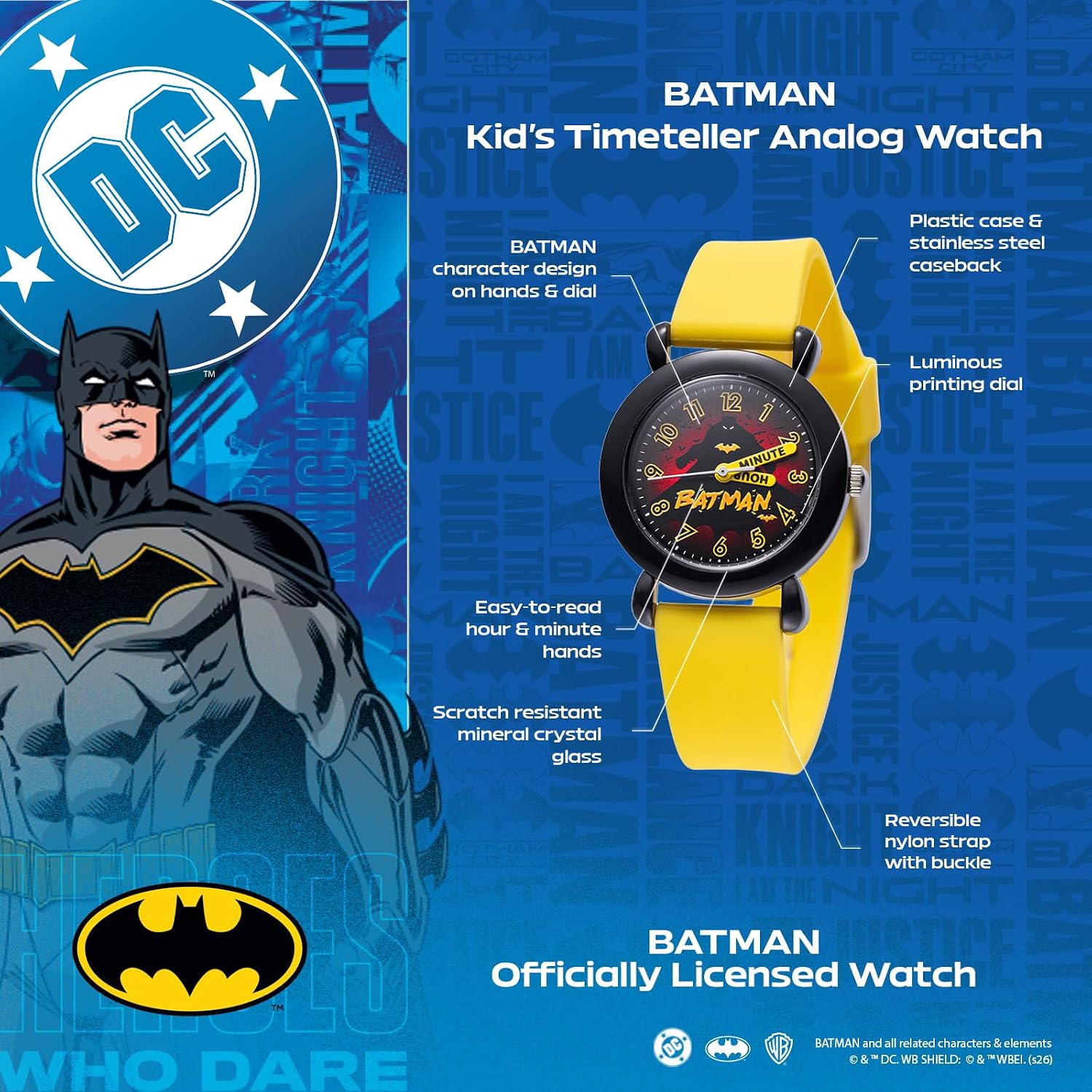 Warner Brothers DC Comics Batman Watch for Kids Ages 4–7 – Featuring Luminous Character Dial, Easy-Read Hour & Minute Hands – Batman and Robin Toys – Watches for Toddlers