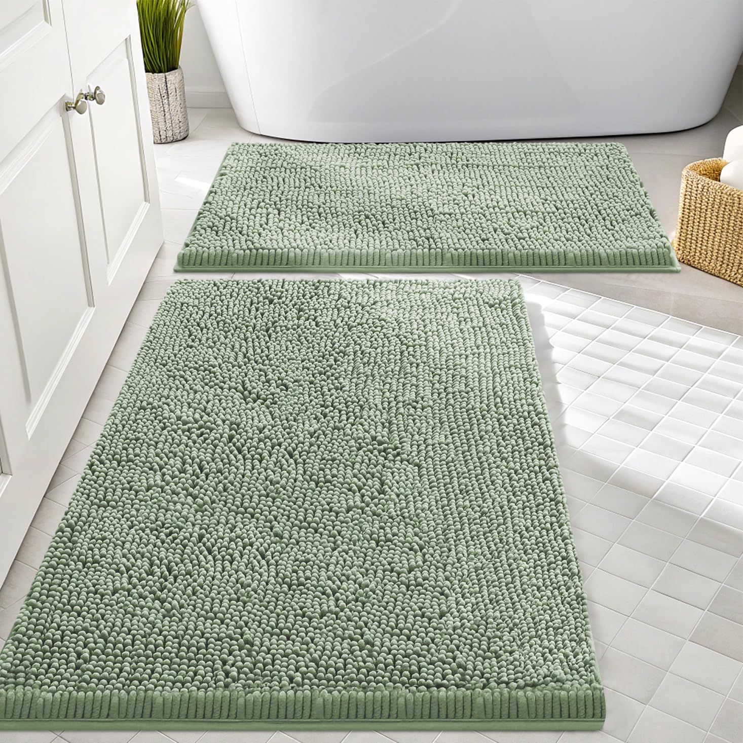 Smiry Chenille Bathroom Rugs Sets 2 Piece (30x20+24x16, Sage Green)