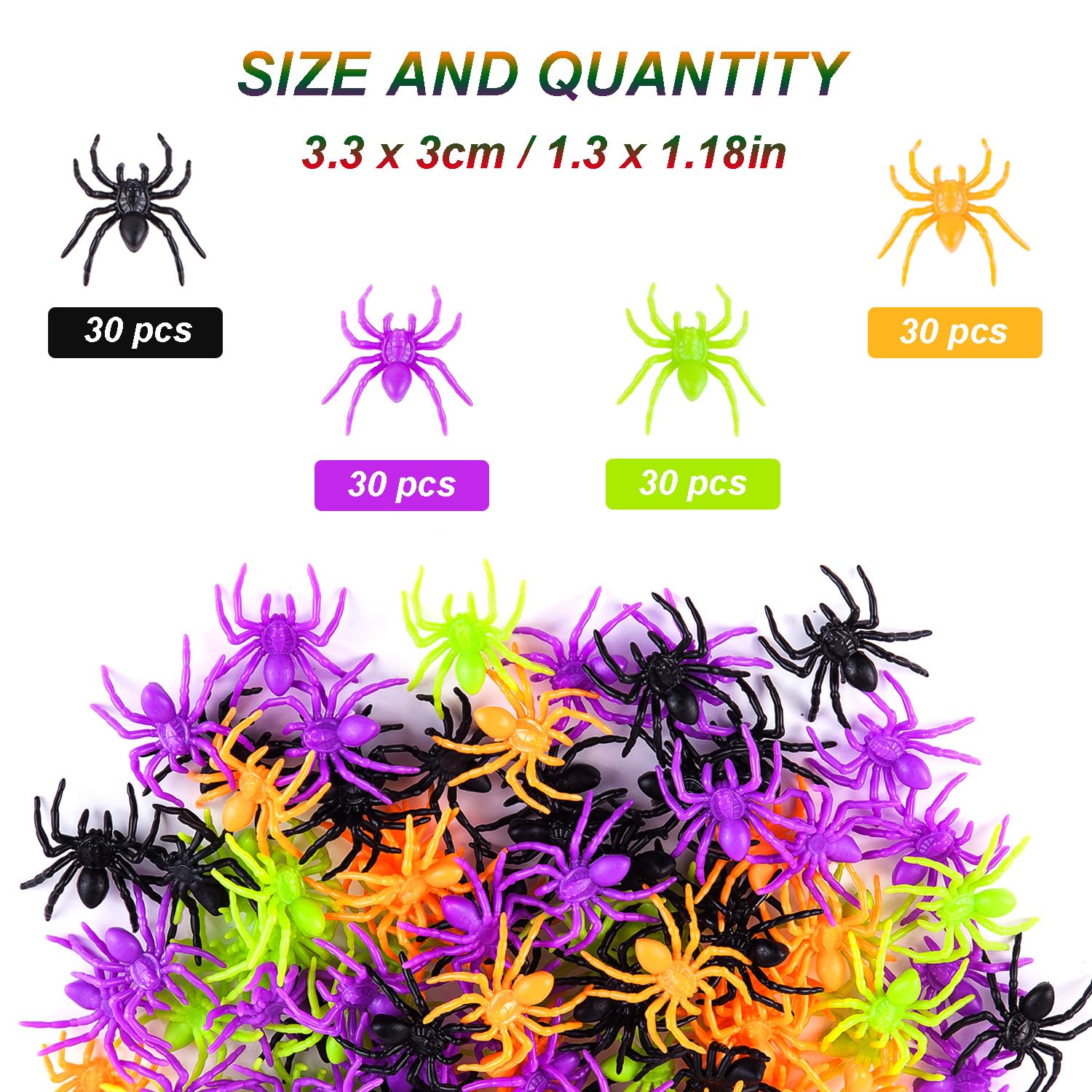 120 arañas de plástico realistas para Halloween, 4 colores, arañas falsas, terror, divertidos accesorios de broma para decoración de Halloween, hogar y fiesta 2