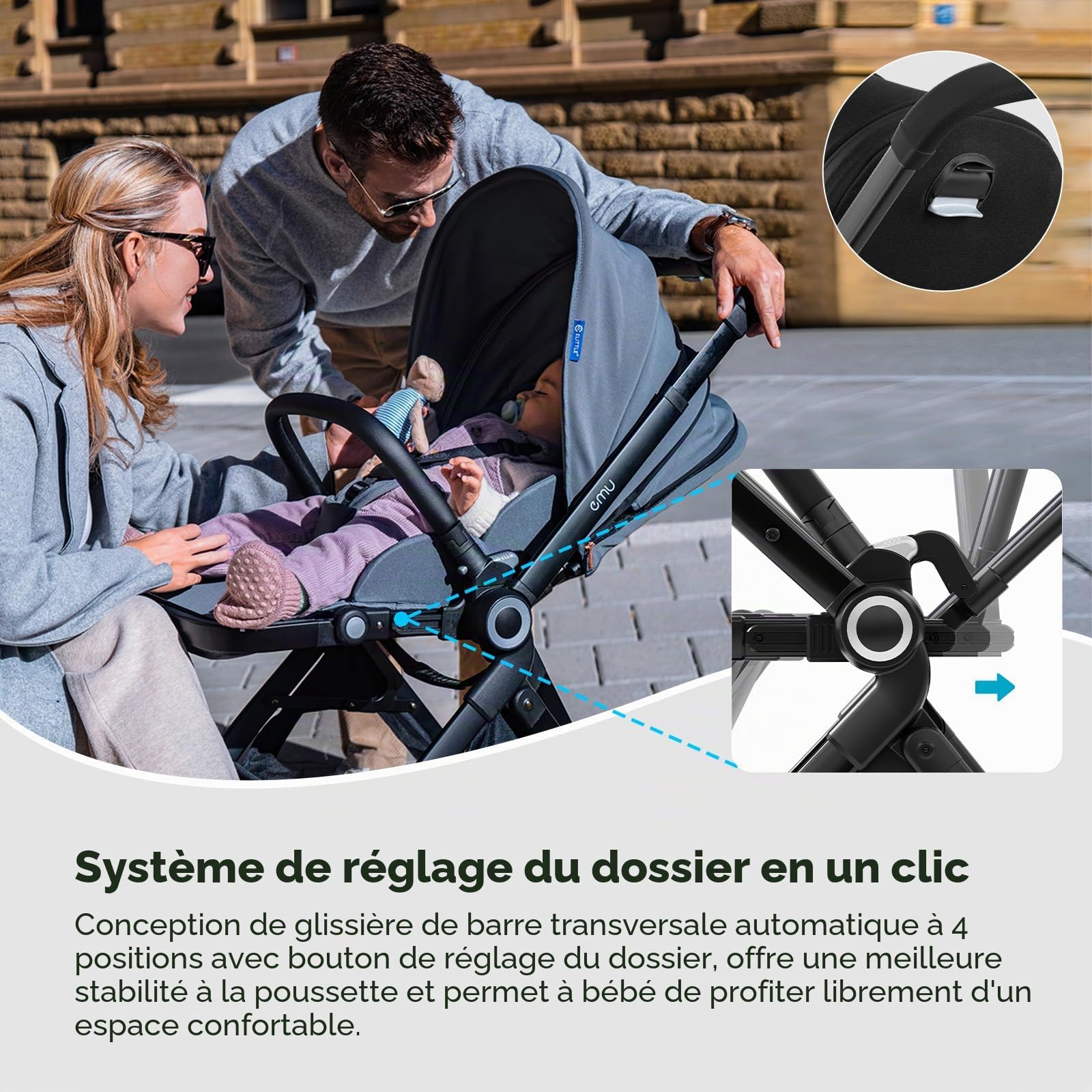 ELITTLE EMU Poussette Pliante Reversible, Poussette Bebe Face Parents 25kg,Automatique Centre Gravité Conception Rréglage,Landaus Siège Dossier 95-175°pour Exterieur Ville pour Bebe 0 a 3 Ans,Noir