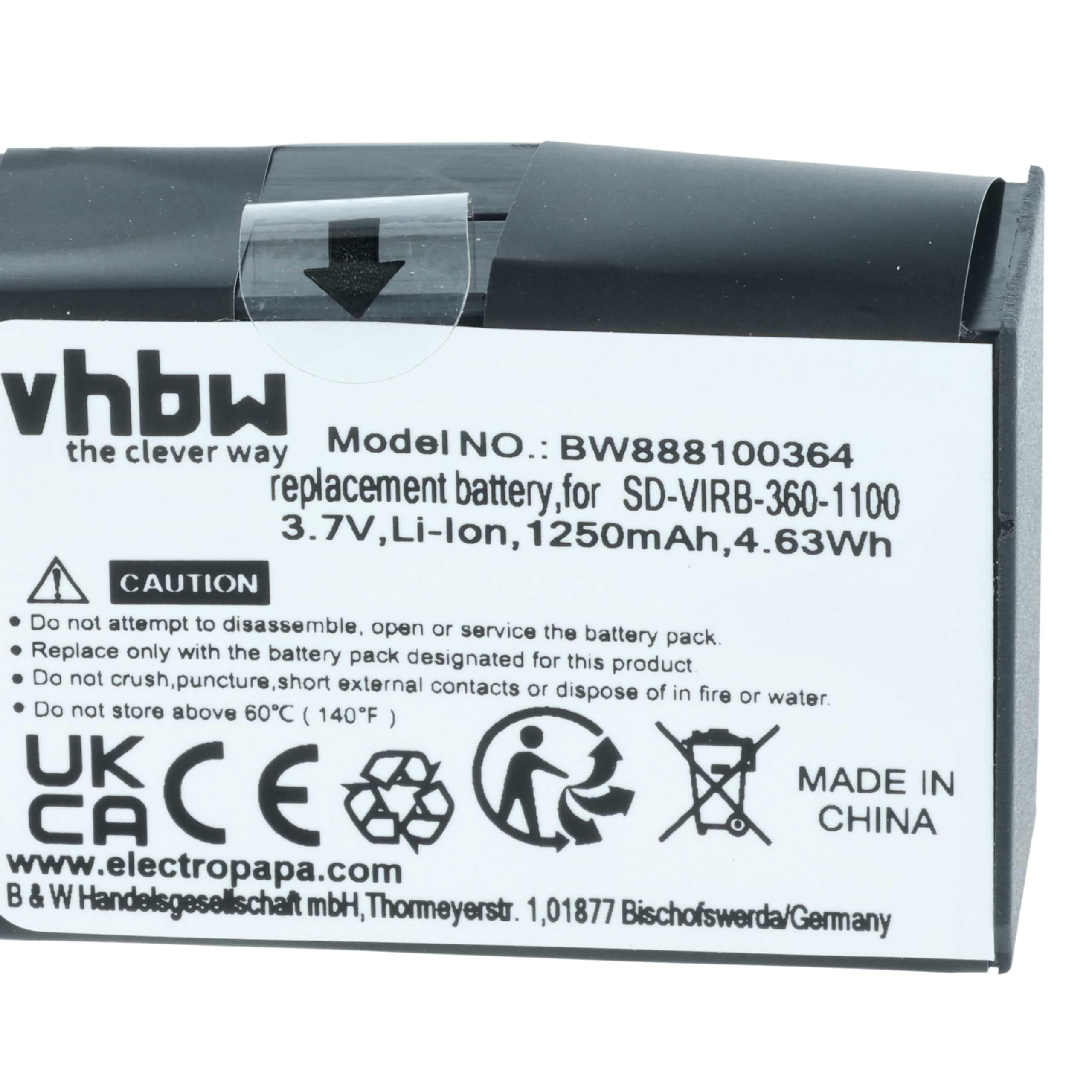 vhbw 2x batteria compatibile con Garmin Virb 360 videocamera camcorder (1250mAh, 3,8V, Li-Ion)