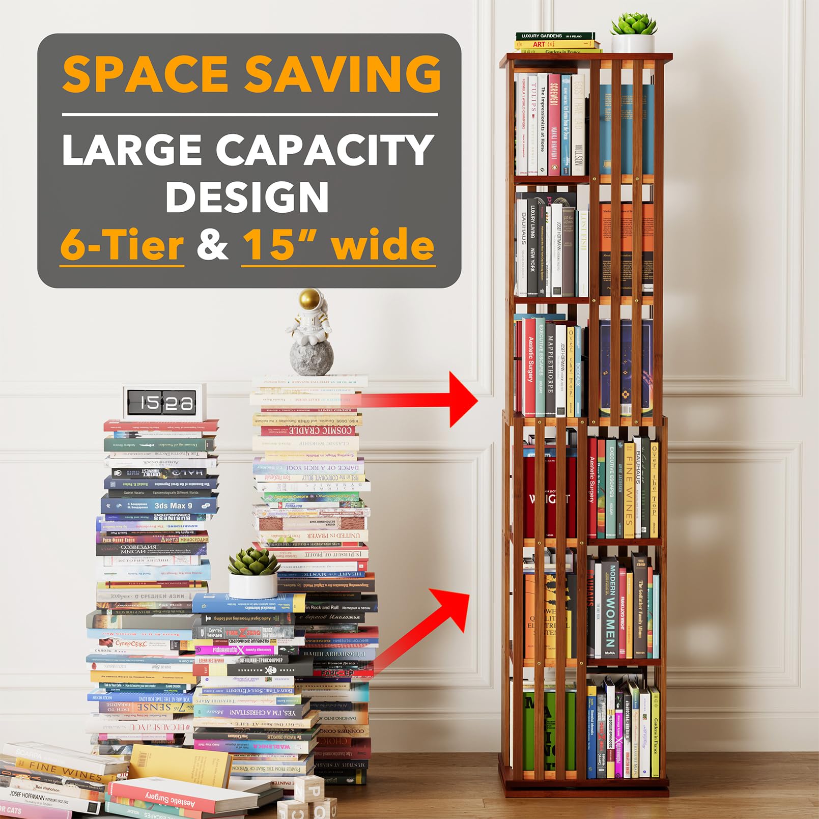 Amazon.co.jp: SpaceAid 6段回転本棚タワー 竹製スピニングブック