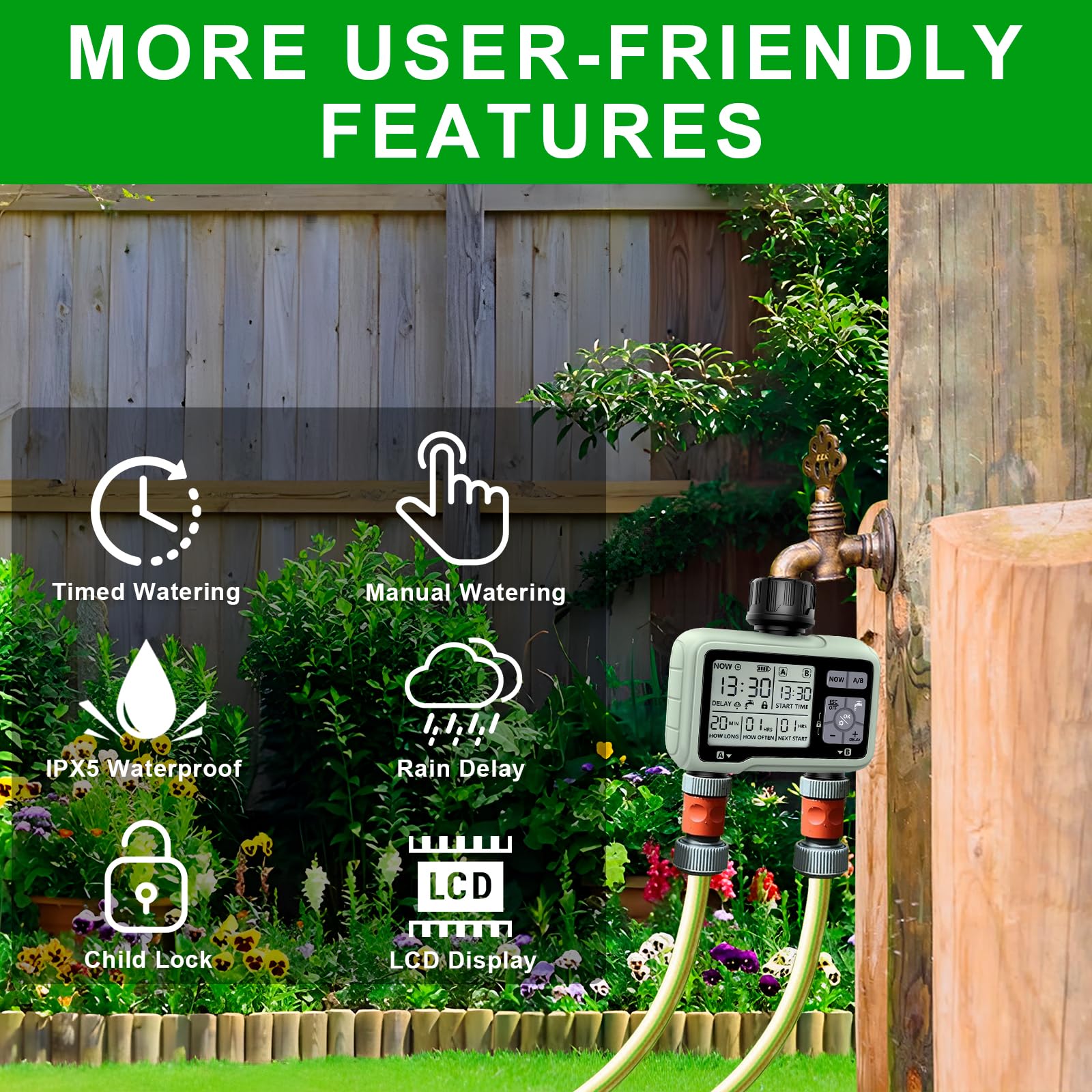 Programmateur Arrosage Automatique/Manuel 2 Voies,Minuterie D'irrigation de Jardin,Connecter la Minuterie du Robinet avec Retard de Pluie/Mode de Verrouillage Enfant/Étanchéité IPX5 /Grand écran LCD