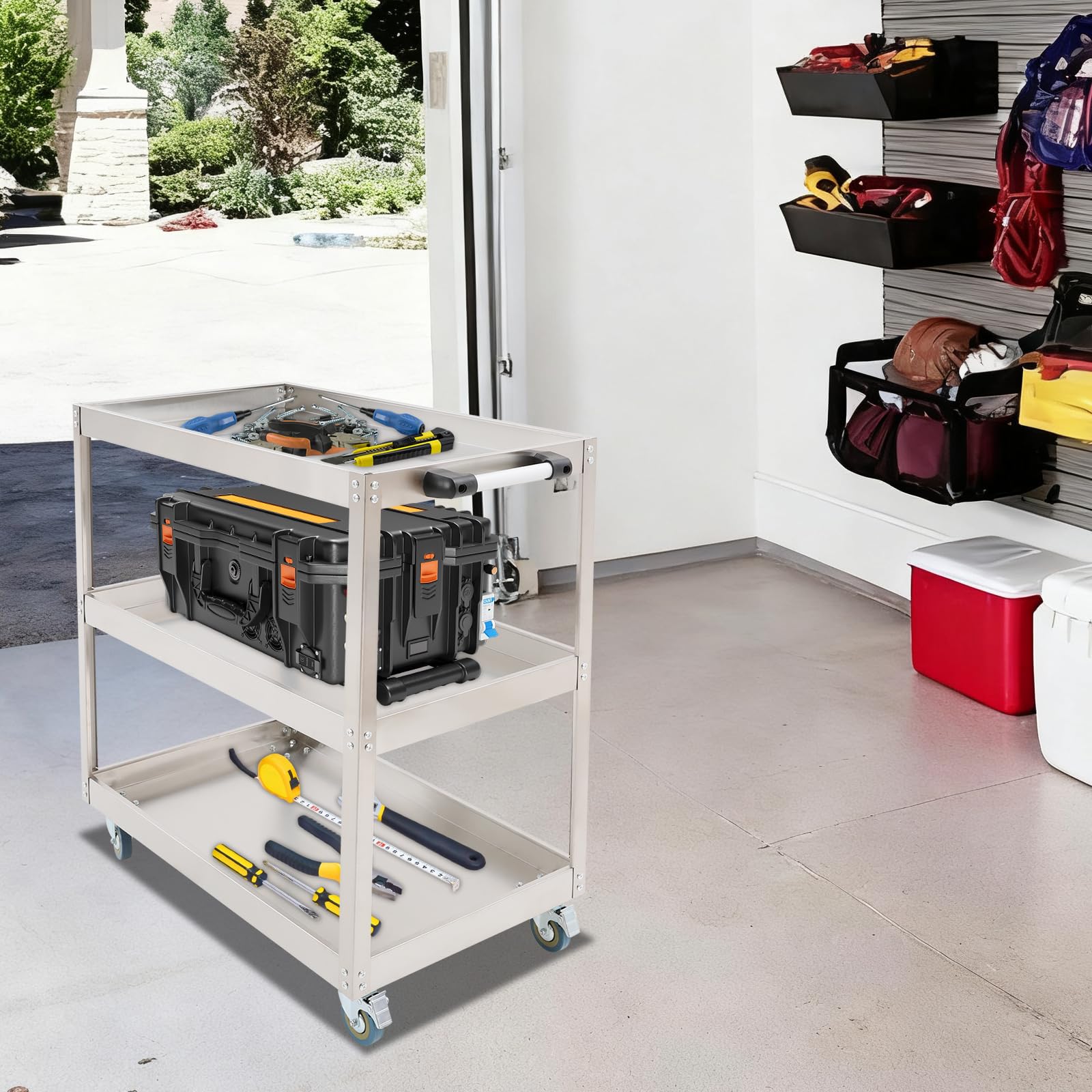 Carrello da portata in acciaio inox, portatile, con 3 partizioni e 4 ruote, carrello da cucina per ristoranti, cucine e cantieri, portata: 150 – 200 kg, 80 x 48 x 90 cm
