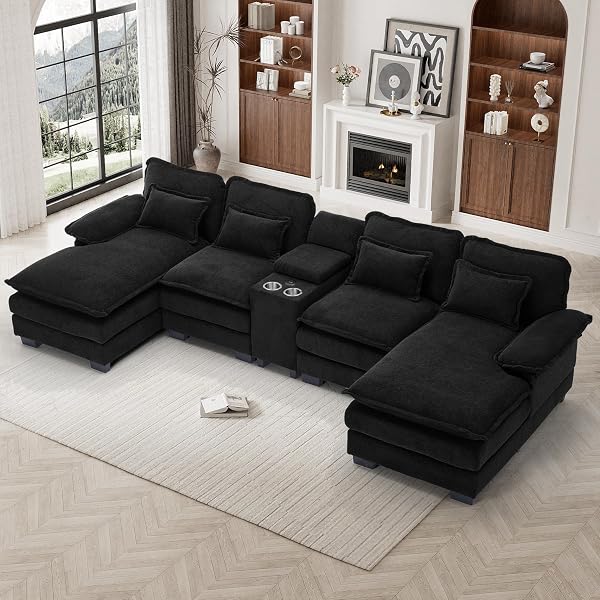 U Shaped Cloud Couch Sectional Sofa, 124 Comfy Fluffy Chenille Cloud Black Sectional Couches for Living Room with Double