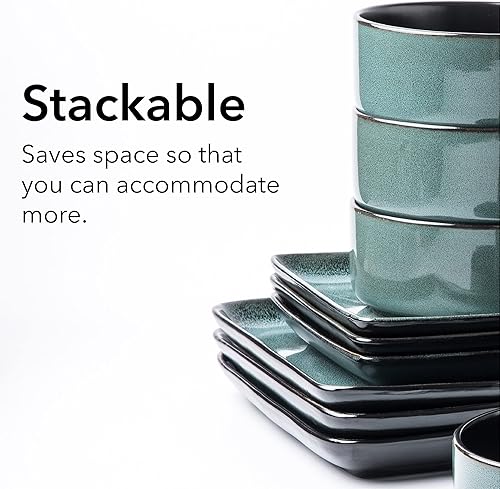 Miniatura 6 de FLACKAR - Juego de vajilla cuadrada de cerámica para 4, platos llanos, platos laterales, cuencos para cereales, tazas, esmalte reactivo turquesa