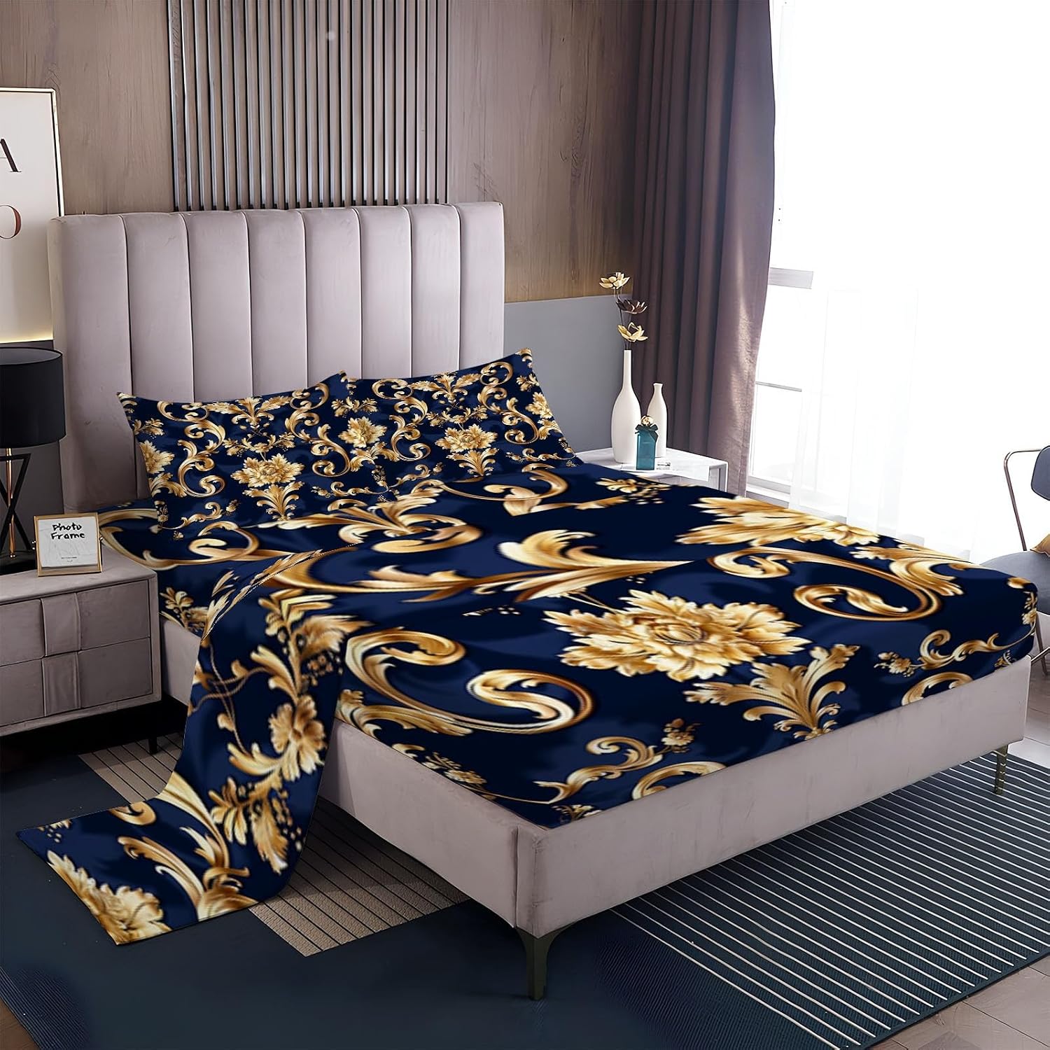 Print Fitted Sheet Set King Size for Kids Boys Girls, Bed Sheets European Style Golden Flower Pattern Fitted Sheet Adults Flat Sheet Soft Luxury, Home Room Decor 4Pcs