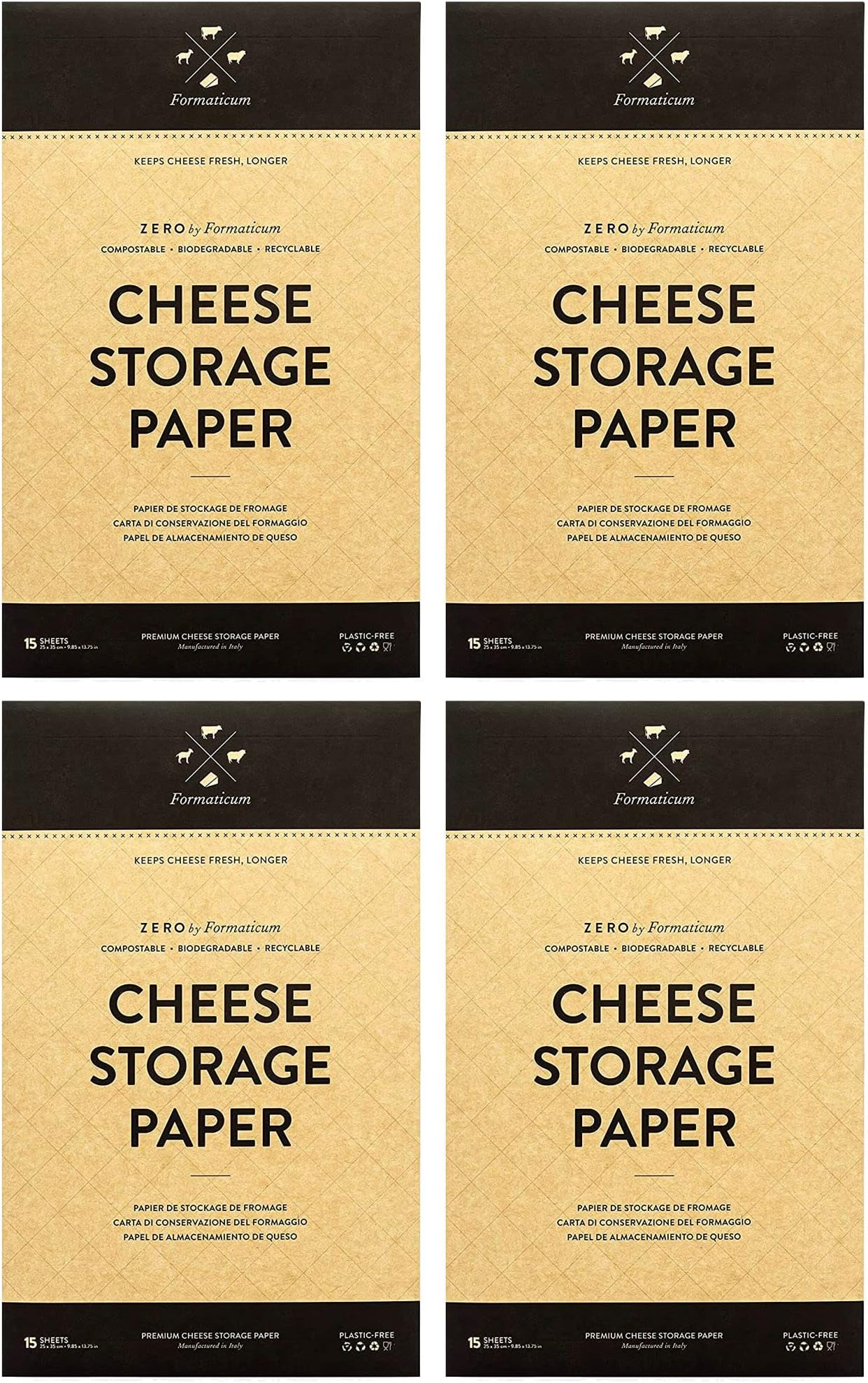 Formaticum Zero Cheese Storage Paper, Compostable, Biodegradable, and Plastic-Free Paper to Keep Cheese and Charcuterie Fresh, 9 x 13 Inches, 60 Total Sheets (4 Boxes)