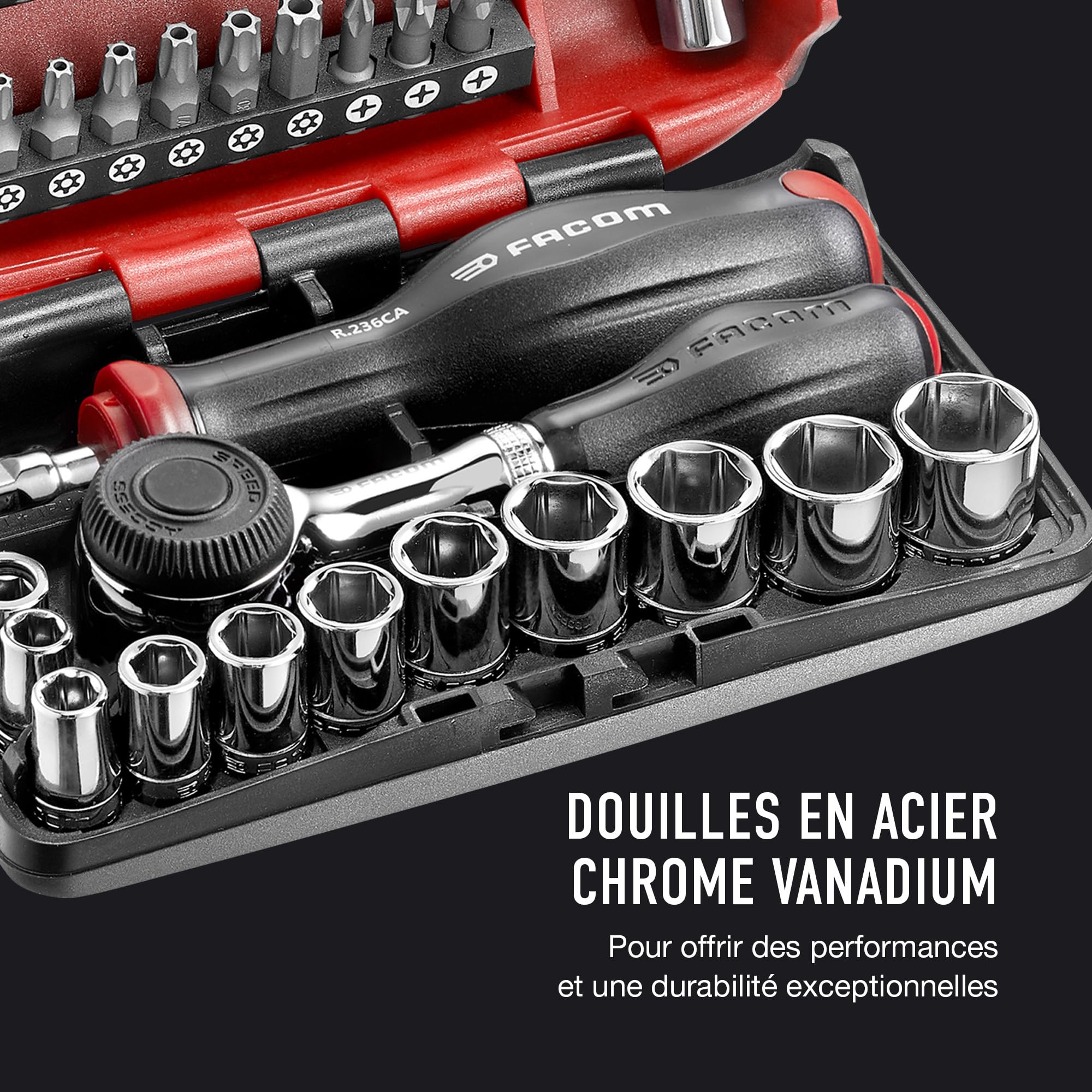 FACOM - Coffret compact de serrage et vissage NANO, 38 pièces, Set de douilles 6 Pans 1/4" avec Cliquet à manche rotatif, R.360NANOPB