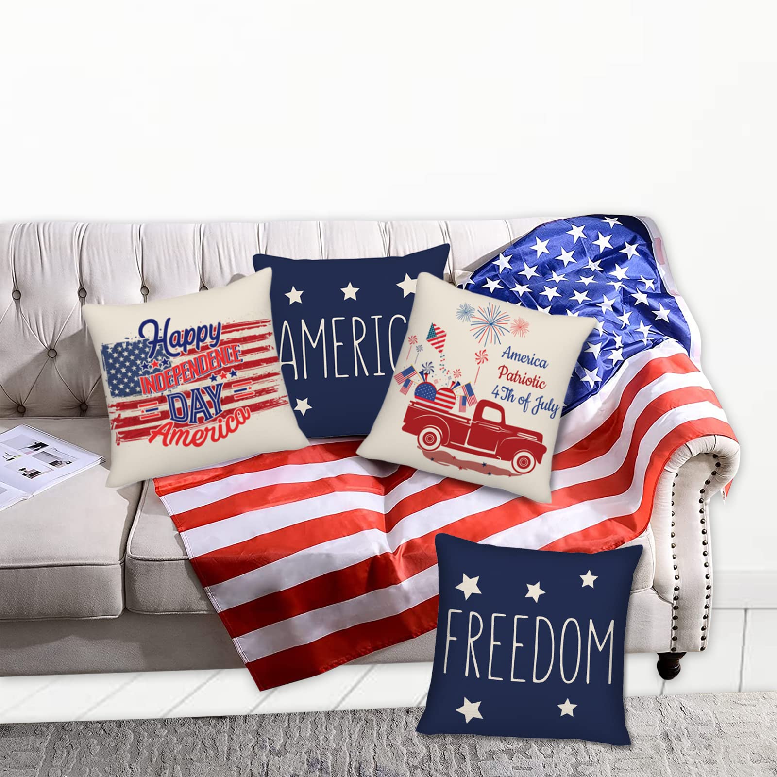 4th Of July Outdoor Pillow Covers 18x18 Inch - 4 Pack Faith Freedom American Patriotic Decorative Covers For Sofa, Porch, Chair