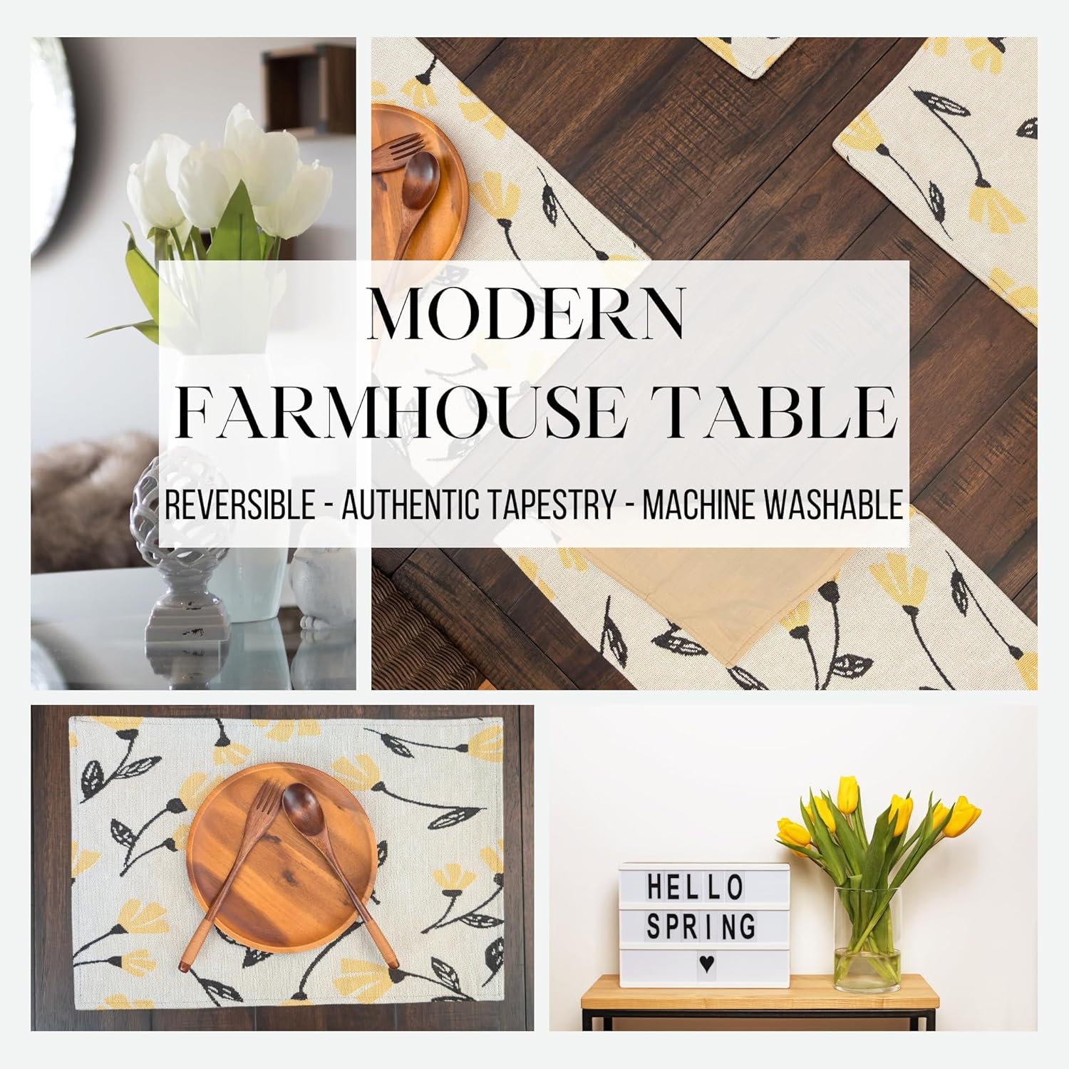 DaDa Bedding Yellow Fleur Floral Botanical Dining Table Placemats - Set of 4-Pieces Tapestry Spring Time Golden Orange Floral Garden Design - Decorative Cotton Linen Woven Kitchen Mats - 13” x 19”