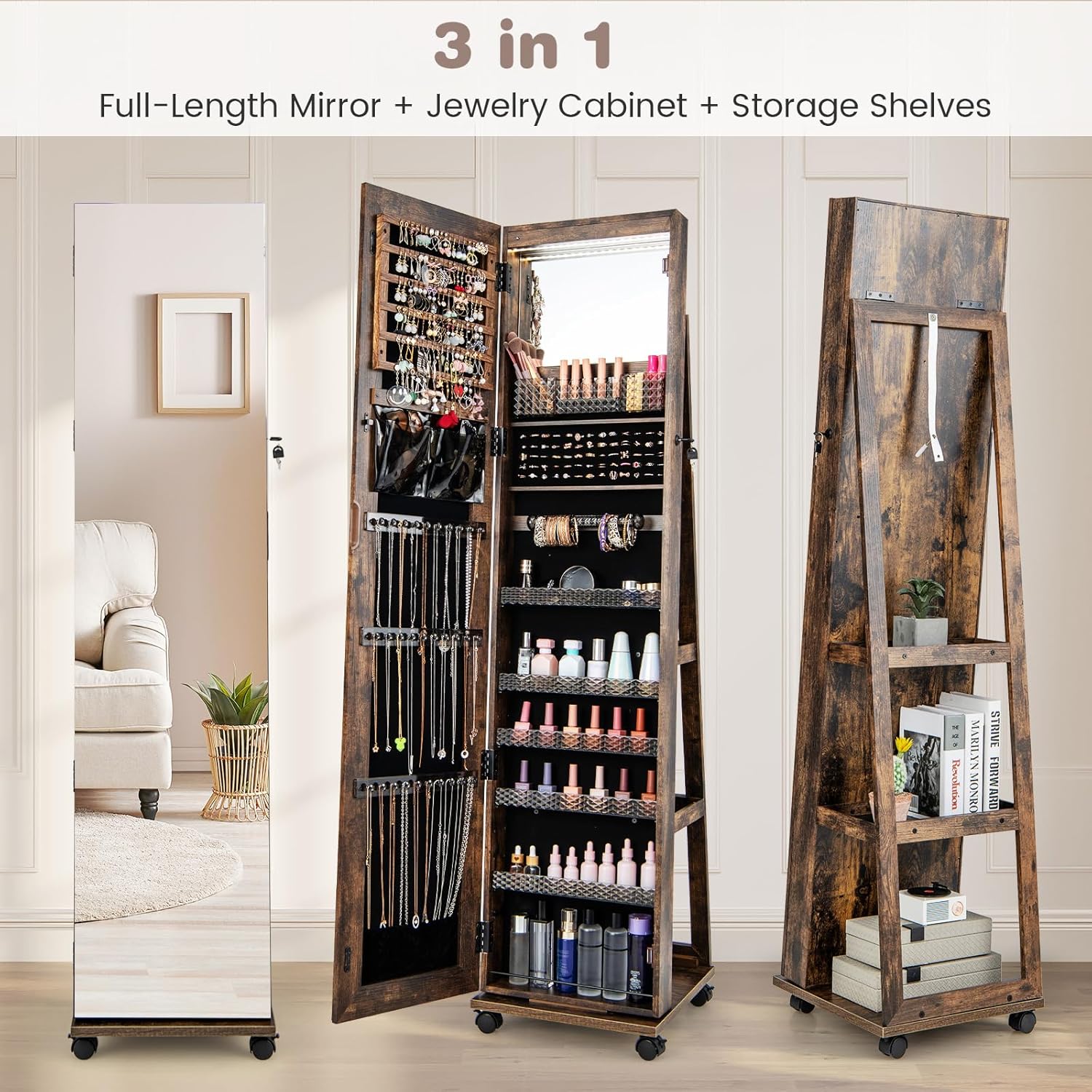 CHARMAID Jewelry Cabinet Armoire with Wheels, 64" H Full Length Mirror, 3-Color LED Lights, Height Adjustable Shelves, Lockable Standing Jewelry Organizer with Back Storage Shelves (Rustic Brown) - Image 3
