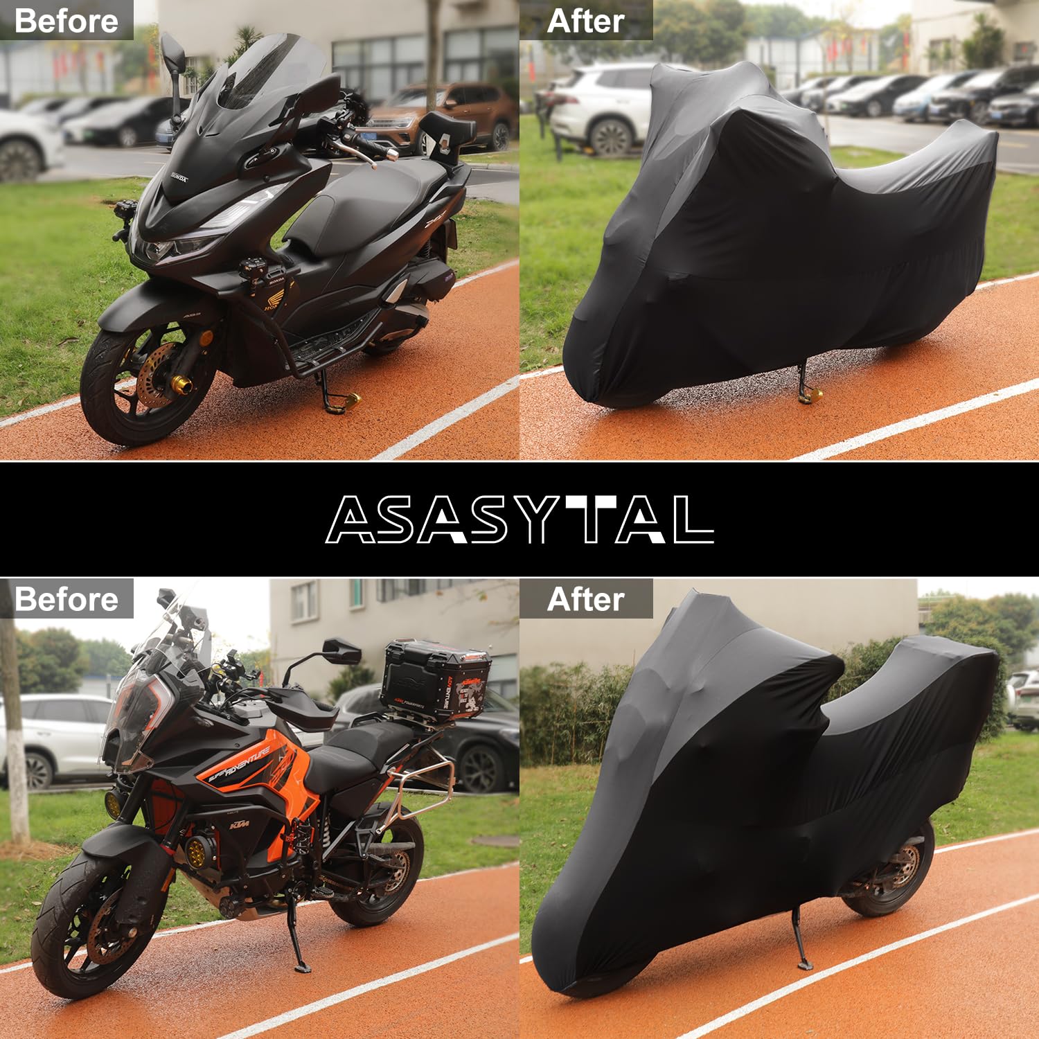 Housses de Moto d'intérieur, Élastique Respirant Tissu en Velours Doux Protection Contre la Poussière pour Scooter Garage Moto Exposition,Gris Rayé+Noir，Top Case 125 x 48 x 63 Pouces