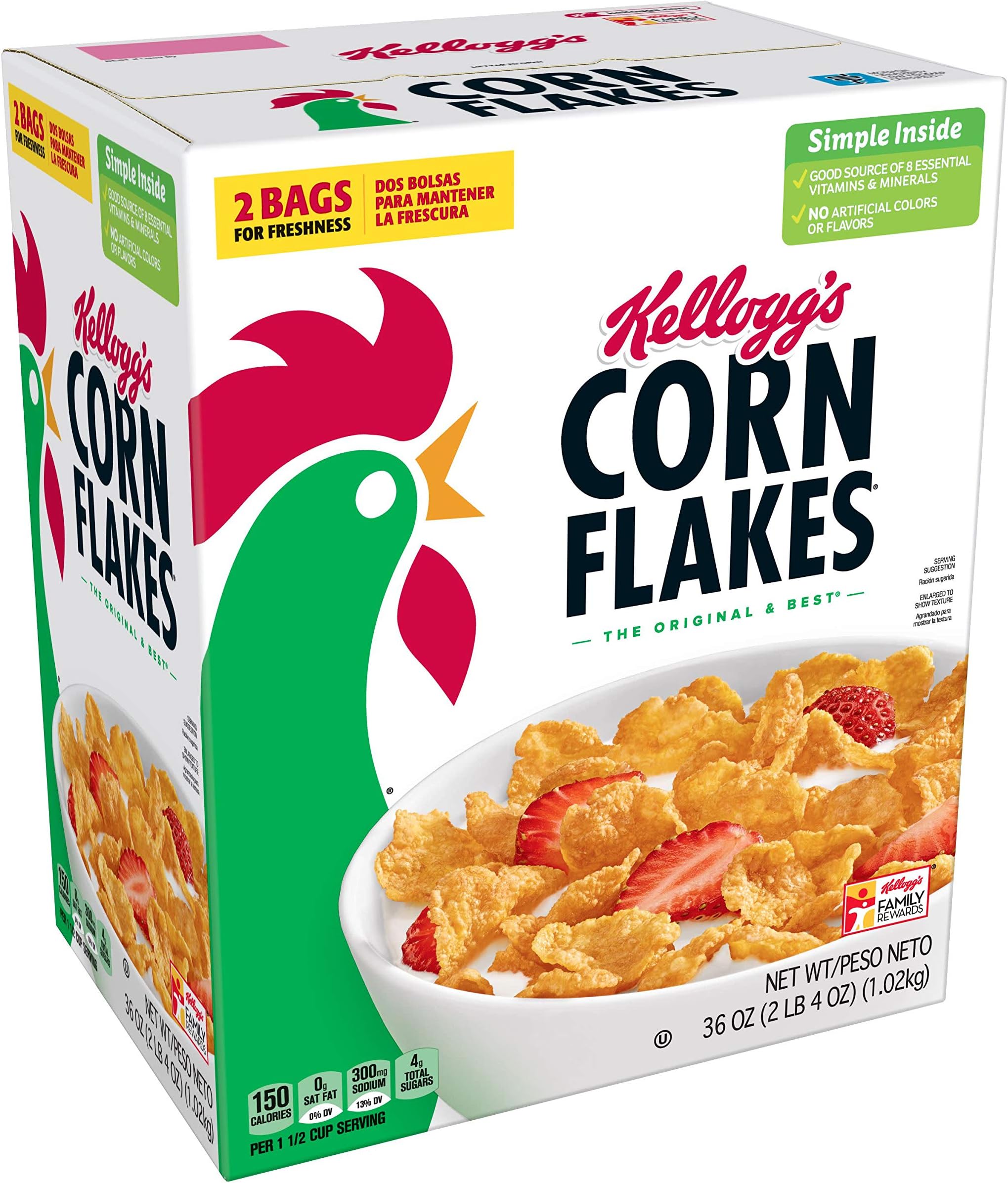Kellogg's Corn Flakes Breakfast Cereal, 8 Vitamins and Minerals, Healthy Snacks, Original, 36oz Box (2 Bags)