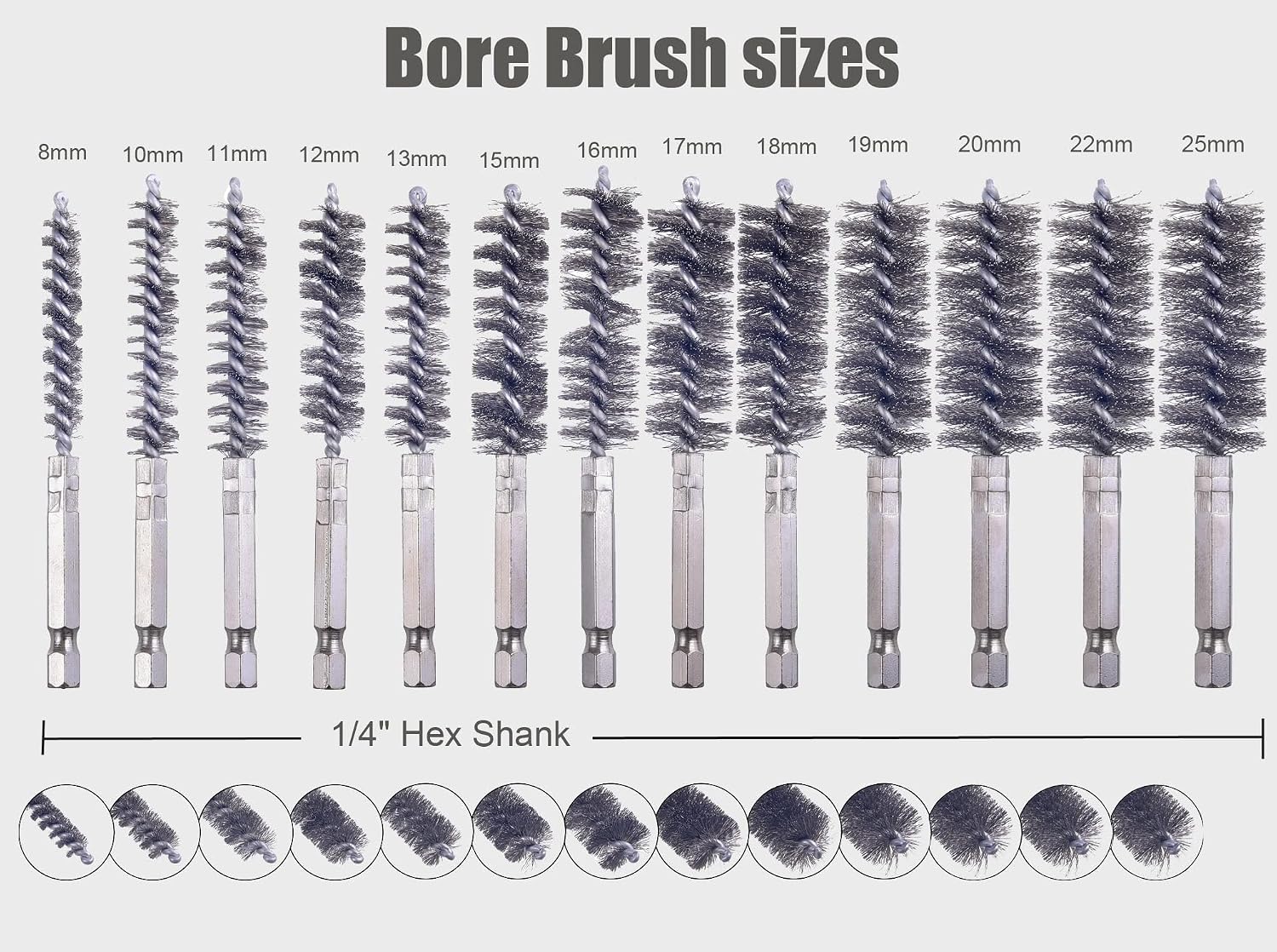 16Pcs Wire Brush Set, Wire Bore Brush for Drill Impact Driver in 14 Sizes with Industrial Wire Brushes of Stainless Steel/Nylon/Brass Bristles