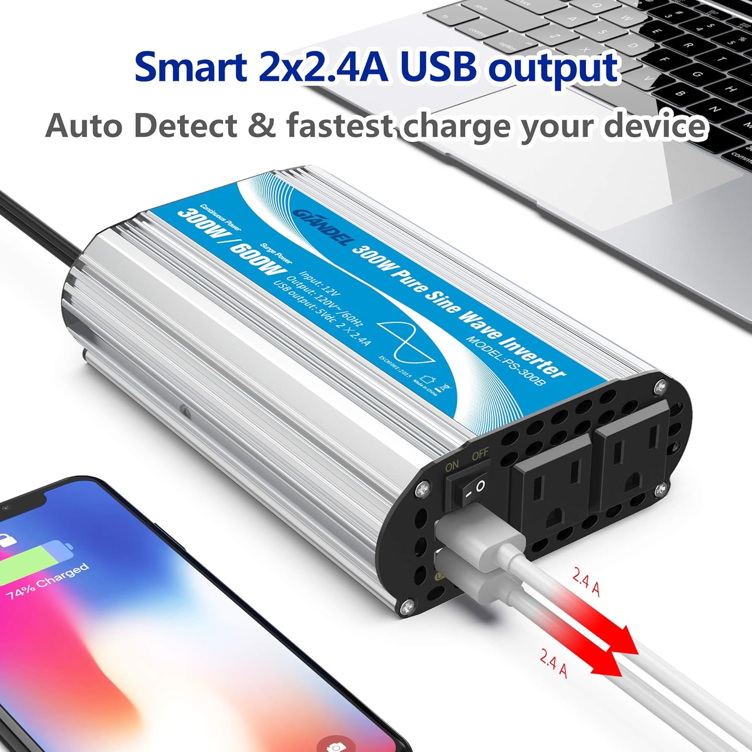 Amazon Co Jp Pure Sine Wave パワーインバーター 300ワット カーアダプター 12v Dc 1v Ac 4 8a デュアルusb 2個 Ac コンセント タブレット ノートパソコン スマートフォン Cpap用 車 バイク