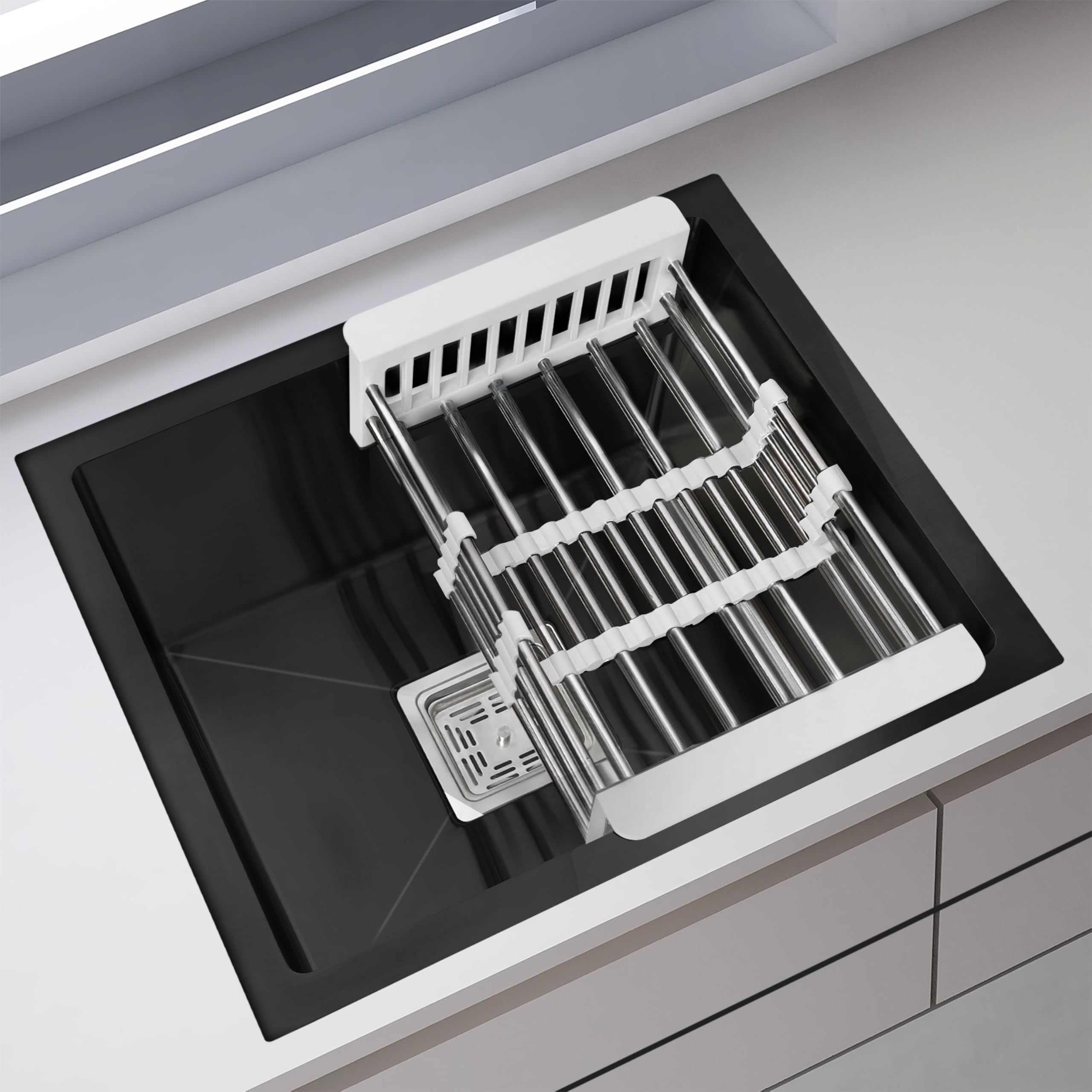 Stainless Steel Sink for Kitchen/Kitchen Sink with Square Coupling, Hose Pipes and Adjustable Drain Rack (18x16 Inches - Nano Black)